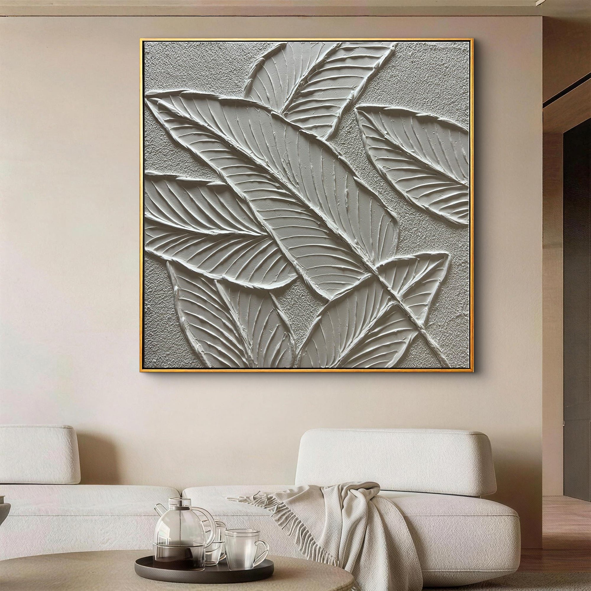 Tropical Repose – White Plaster Foliage Relief Texture Painting | Contemporary Botanical Bedroom & Living Room Art