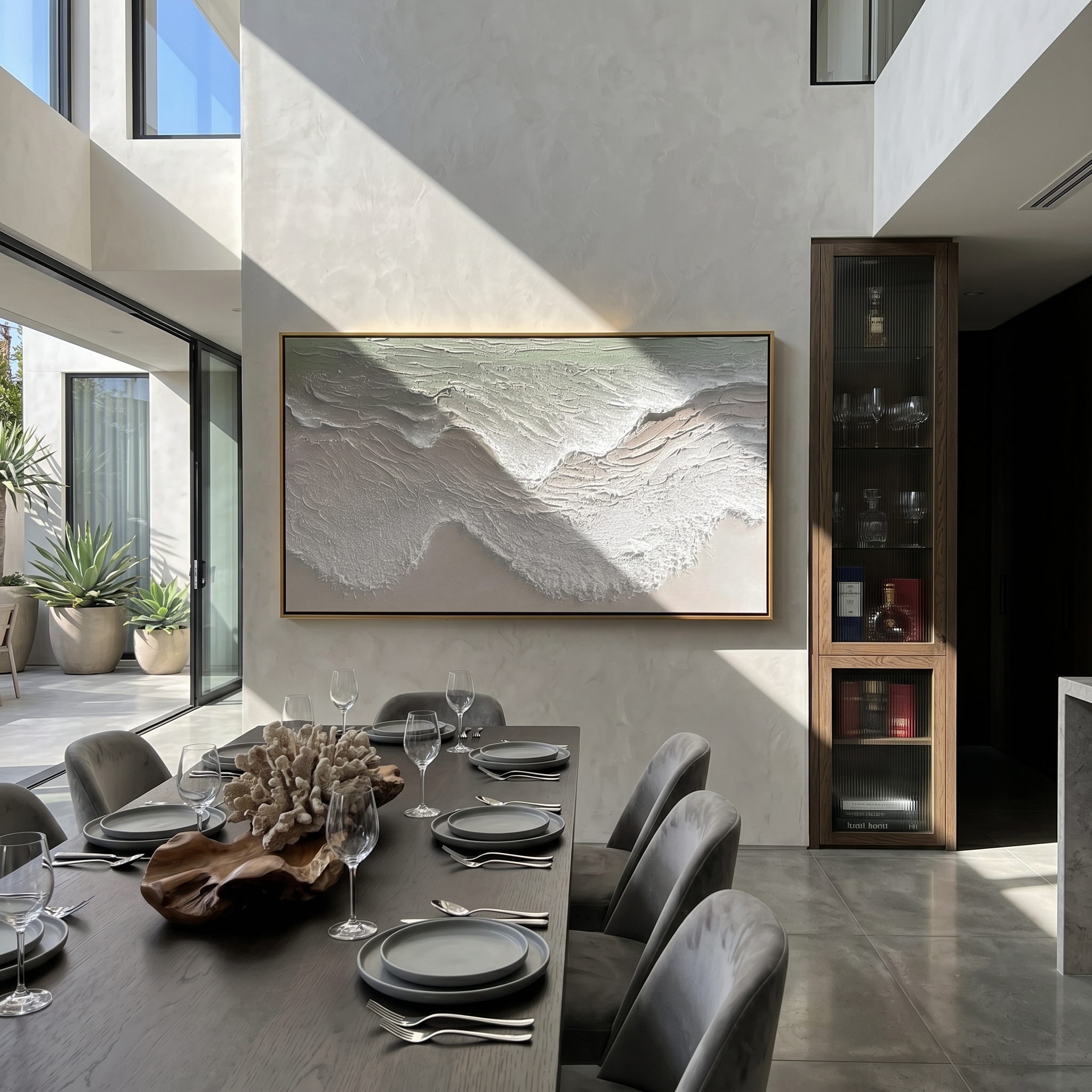 Serene Coastline – Modern Minimalist Ocean Wave Textured Art | Panoramic Coastal Living Room Art
