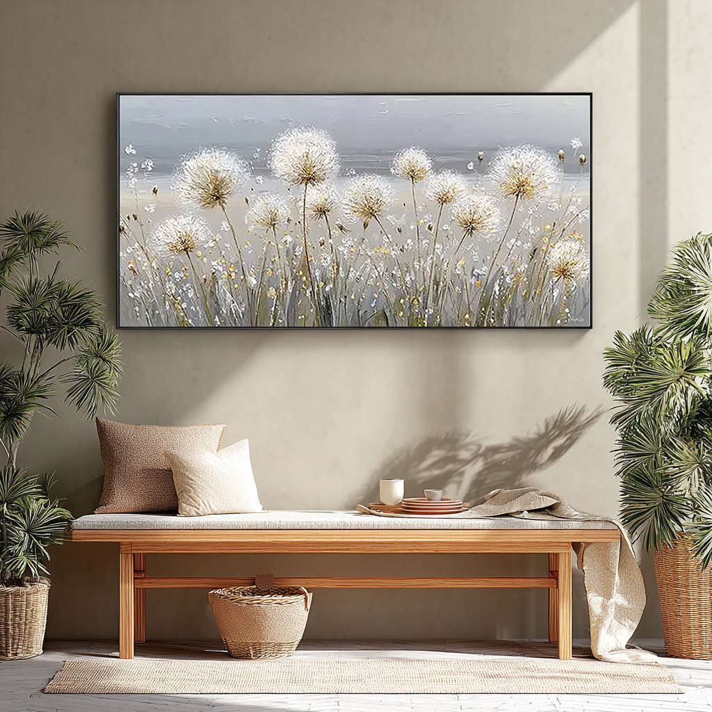 Wishful Fields – Hand-Painted White Dandelion Impressionist Floral Painting | Contemporary Botanical Bedroom & Living Room Art