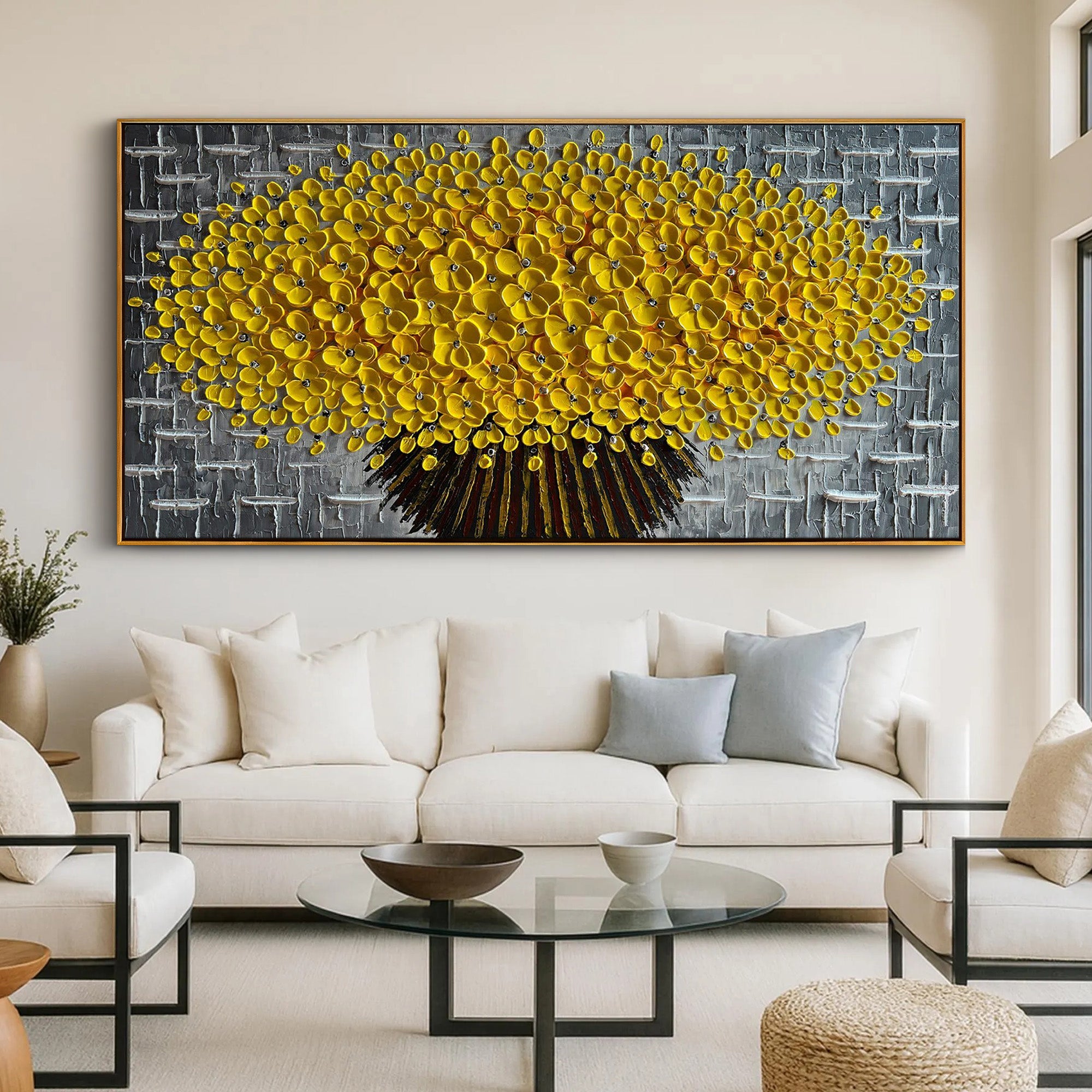 Golden Glow – Luxury Yellow Flower Tree Relief Floral Painting | Modern Luxury Botanical Bedroom & Living Room Art