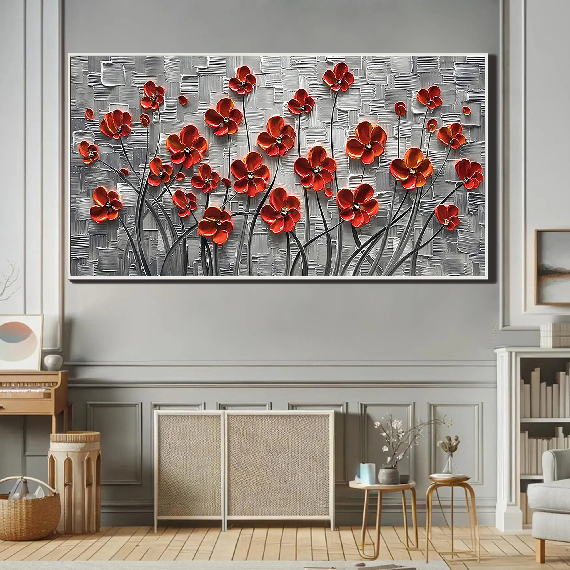 Scarlet Petals – Vibrant Red Flower Relief Floral Painting | Vibrant Botanical Living Room & Dining Room Art