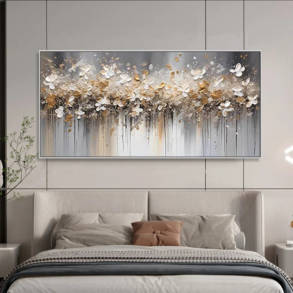 GOLDEN ELEGANCE: Floral Wall Art, luxury Gold Foil White Blossom Hand-Painted Textured Gallery Art