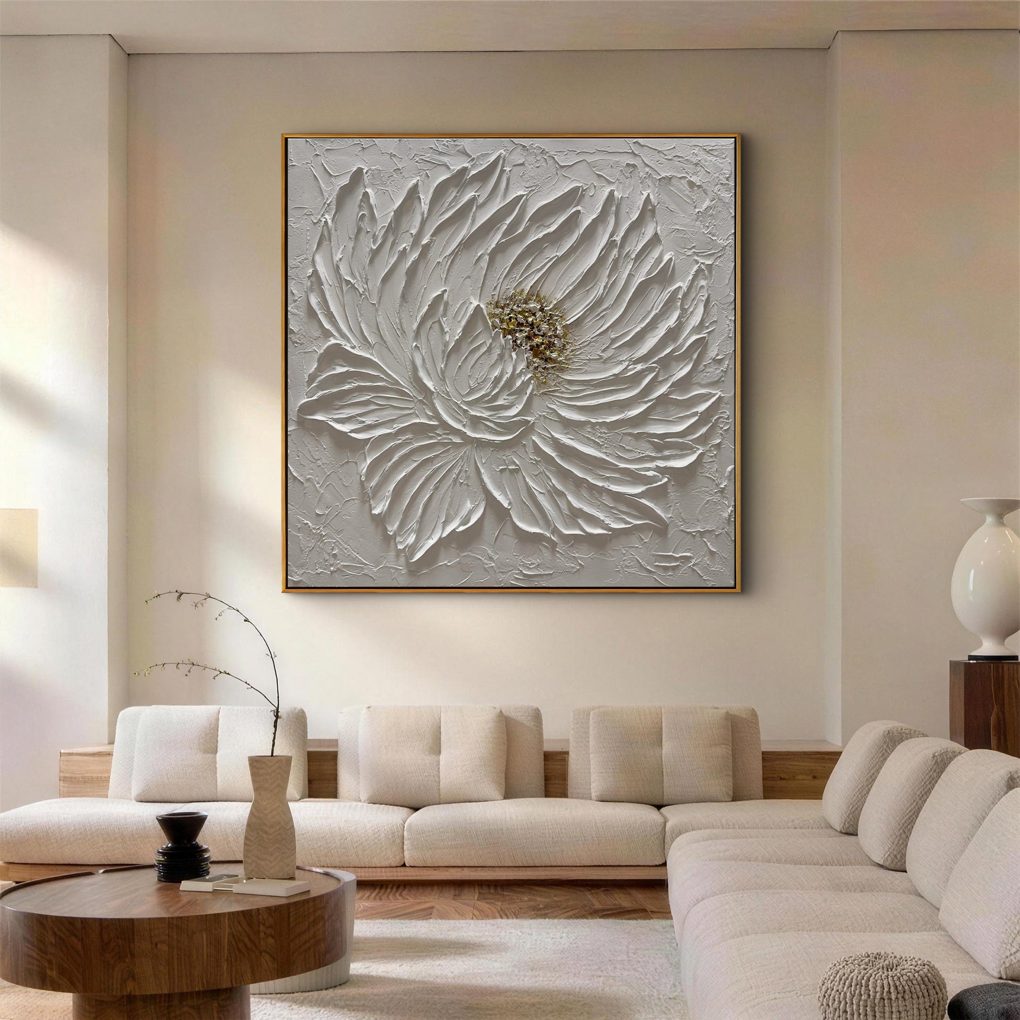 Blossom Elegance – White Flower Relief with Gold Accents Texture Painting | Modern Luxury Botanical Bedroom & Living Room Art