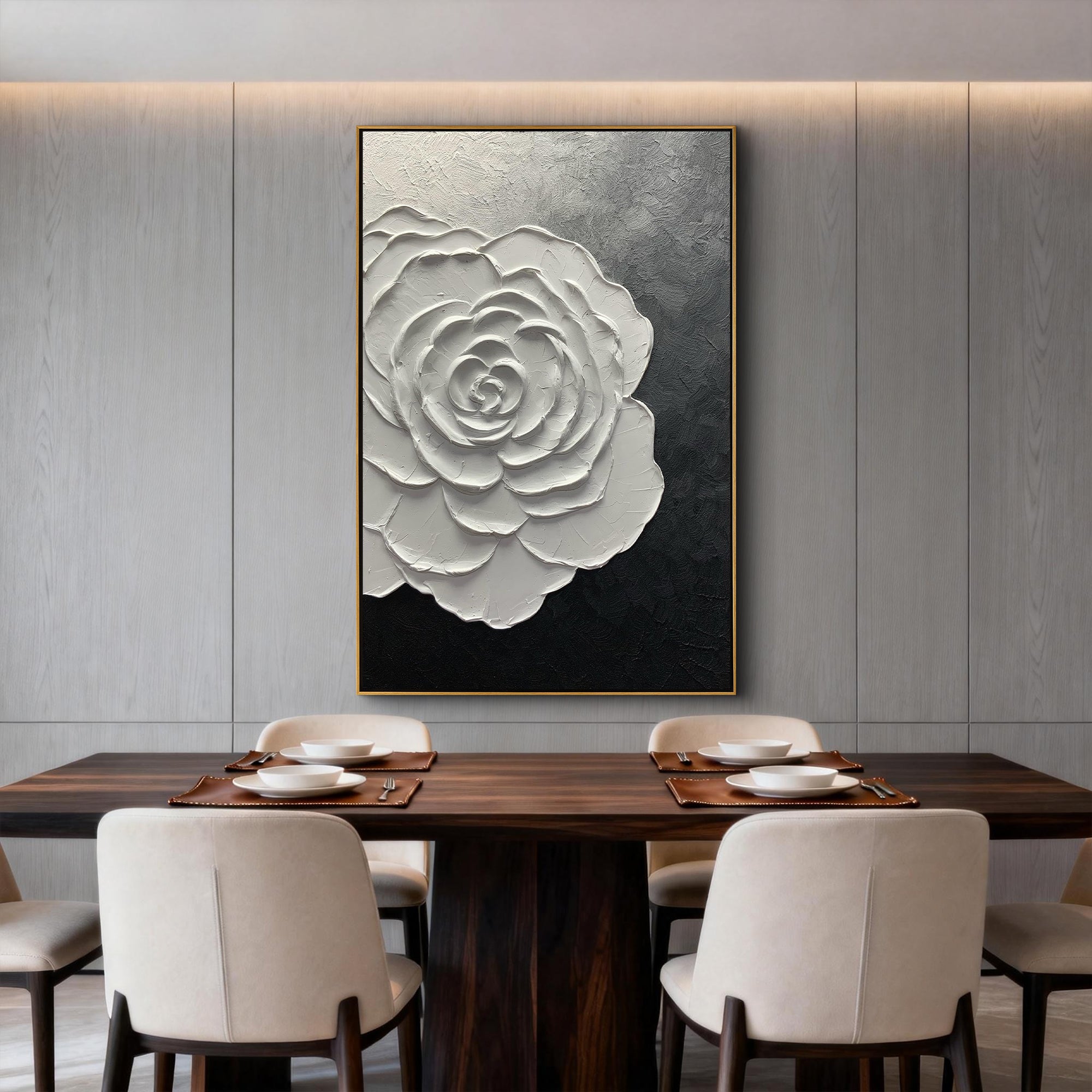 Dawn Blossom – Modern Minimalist Black-and-White Textured Painting |  White Rose Living Room Art