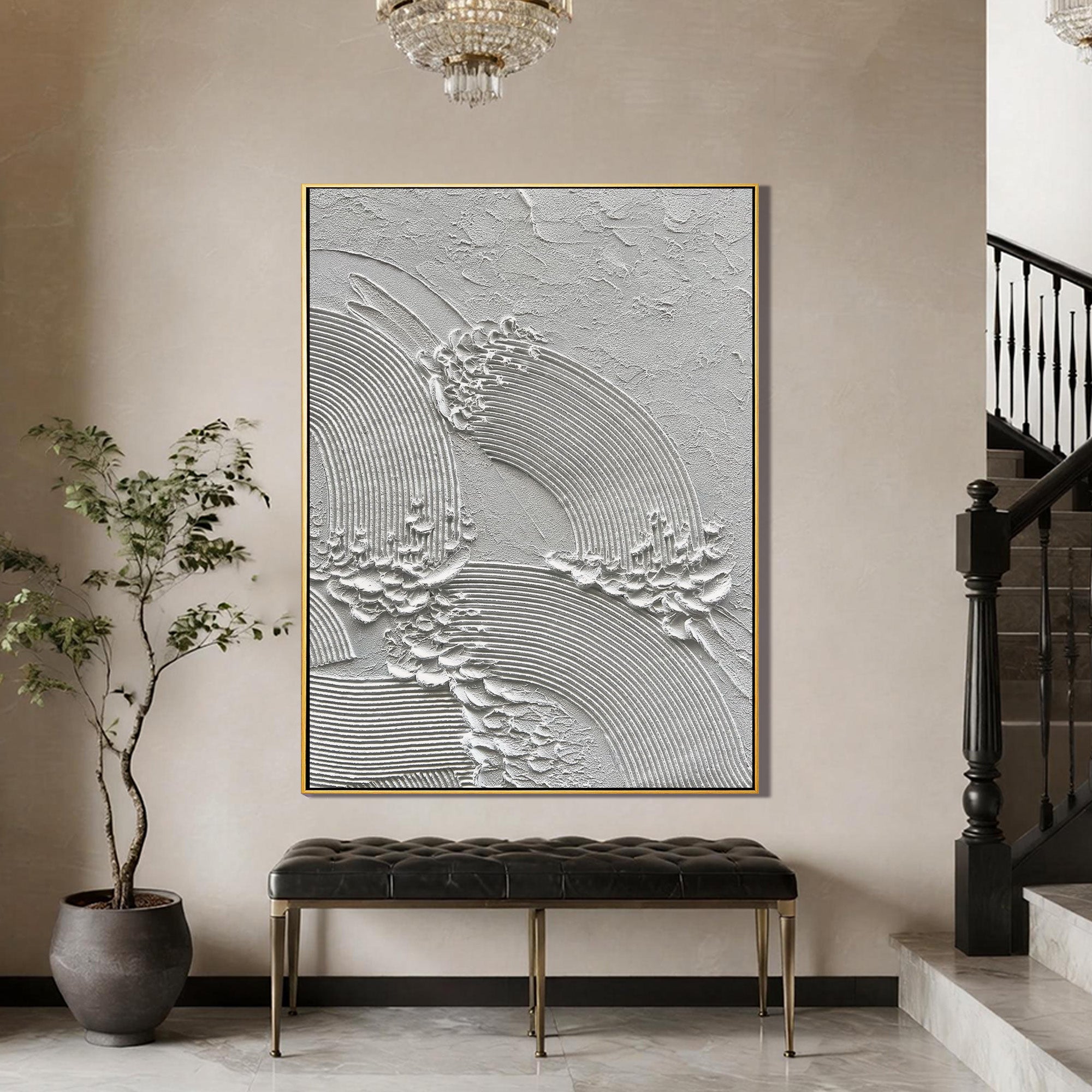 White Crest – Sculpted Plaster Ocean Relief Texture Painting | Coastal Modern Living Room & Bedroom Art