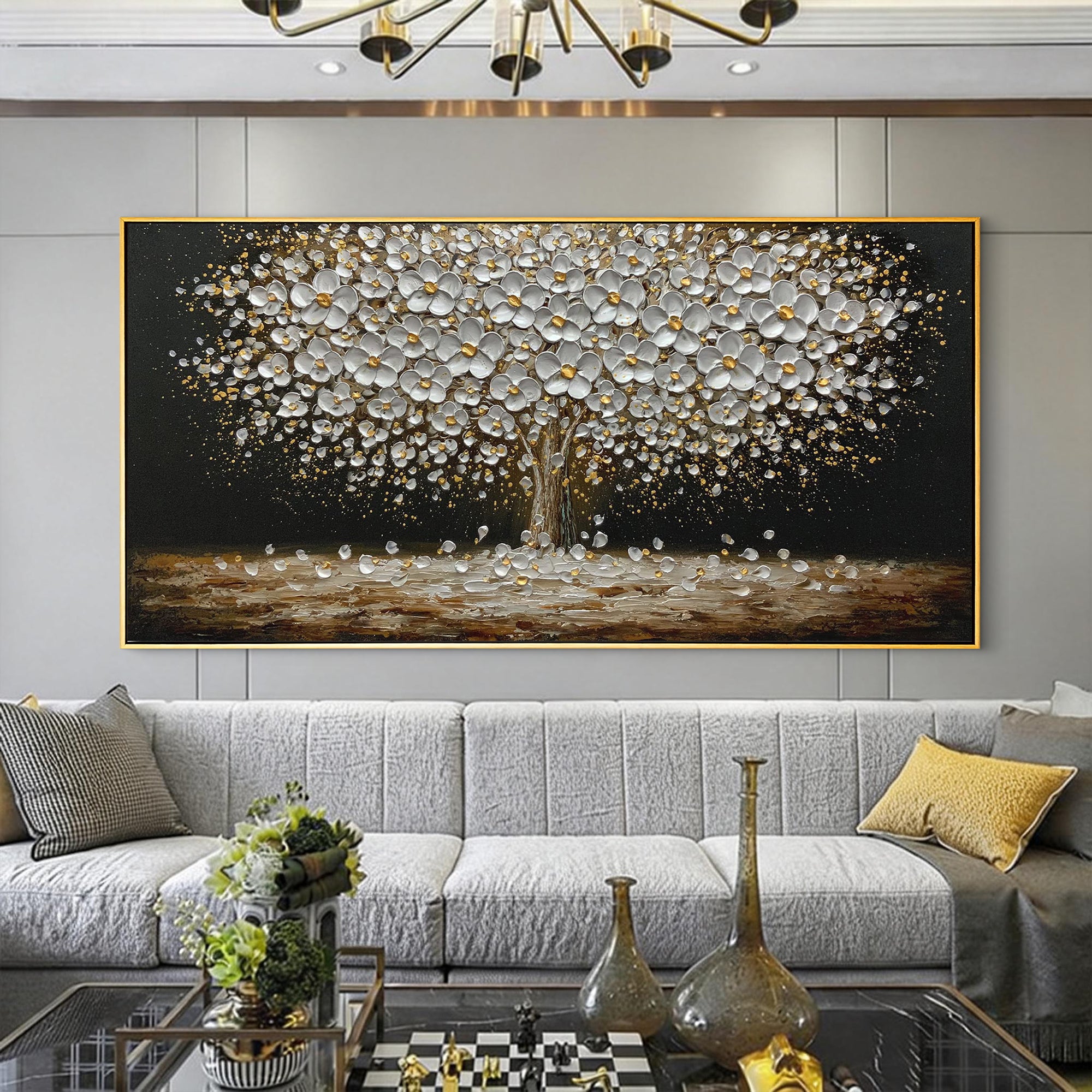 Golden Glow – Black and Gold Flower Tree Floral Painting | Modern Luxury Botanical Bedroom & Living Room Art