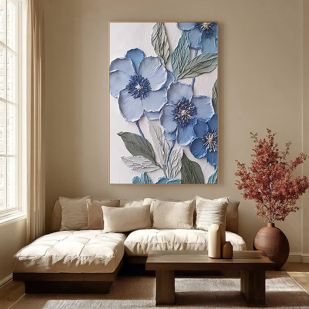 Dusty Blue – Hand-Painted Grey Blue and Slate 3D Relief Plaster Effect Floral Painting | Contemporary Botanical Bedroom & Living Room Art