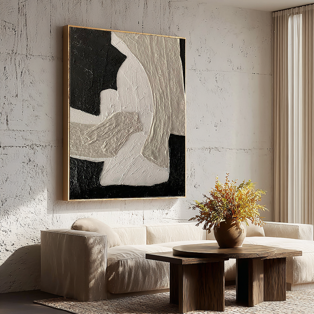 Silent Earth – Wabi-sabi Plaster Texture Art | Minimalist Noir & Beige Abstract Home Office Painting
