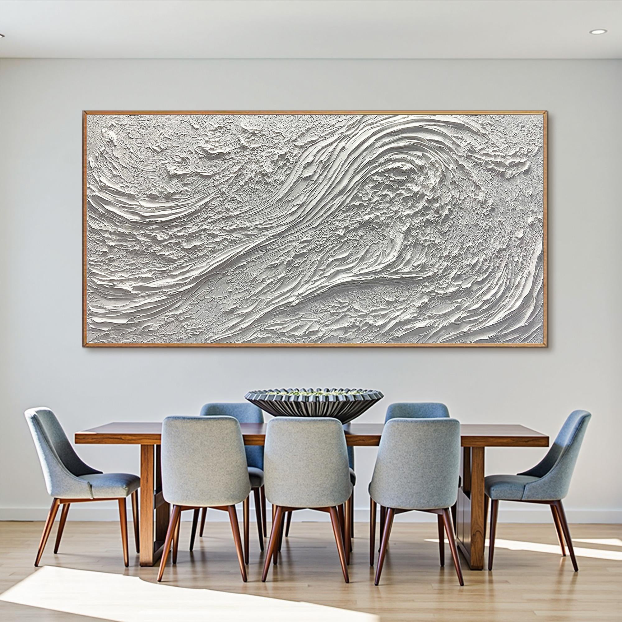 OCEAN CREST: Panoramic 3D Heavy Texture Wall Art, White Plaster Wave Relief Painting