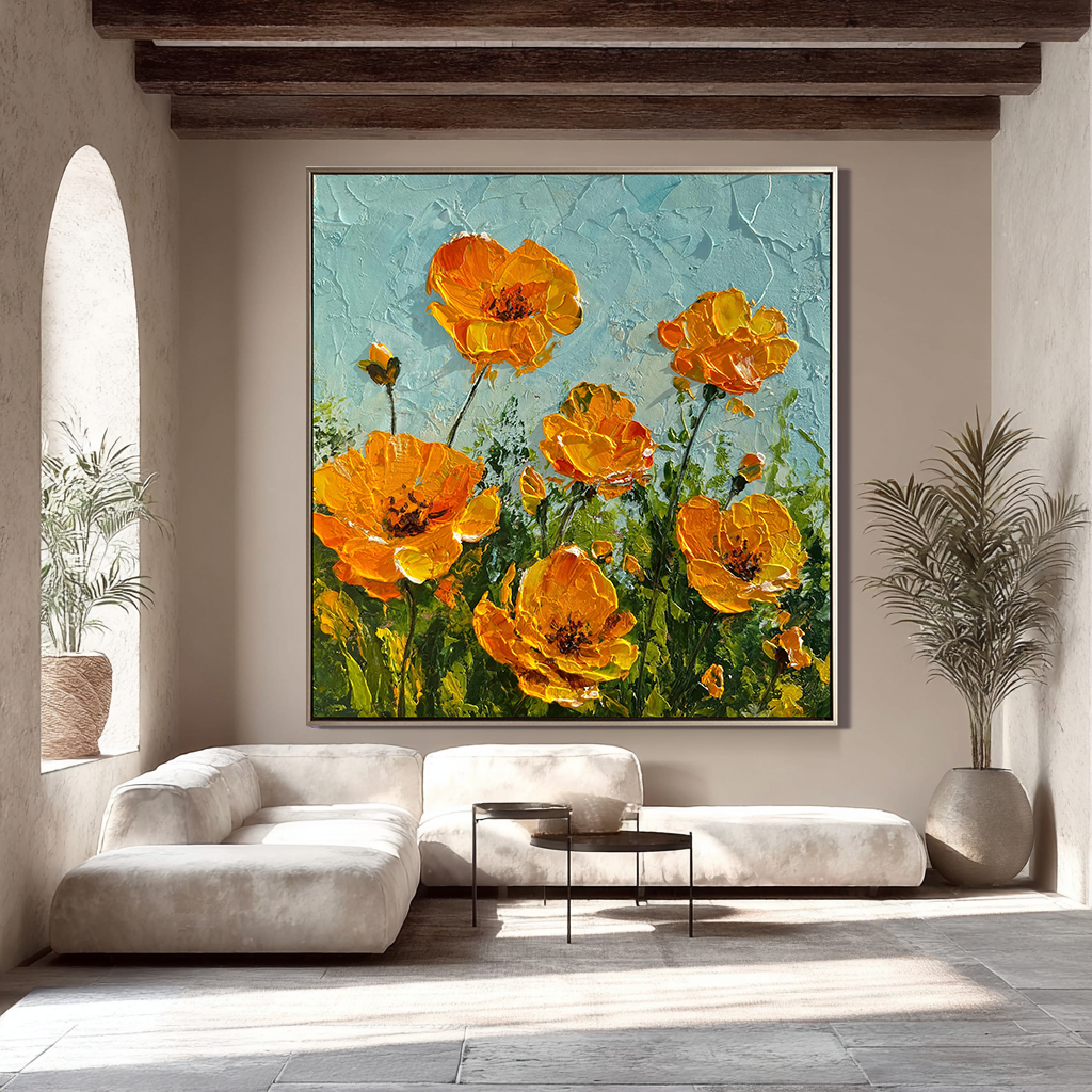Amber Sunshine – Modern Impasto Orange Floral Oil Painting | Creative Textured Wildflower Hallway Art