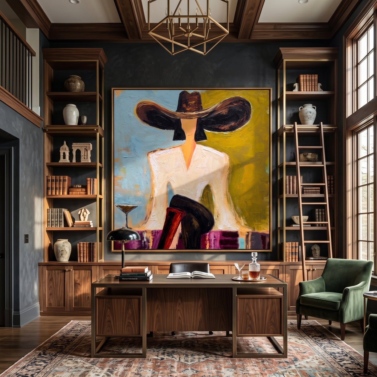 Black Brim Cocktail – Woman in Hat with Martini Painting | Vintage Americana Square Art