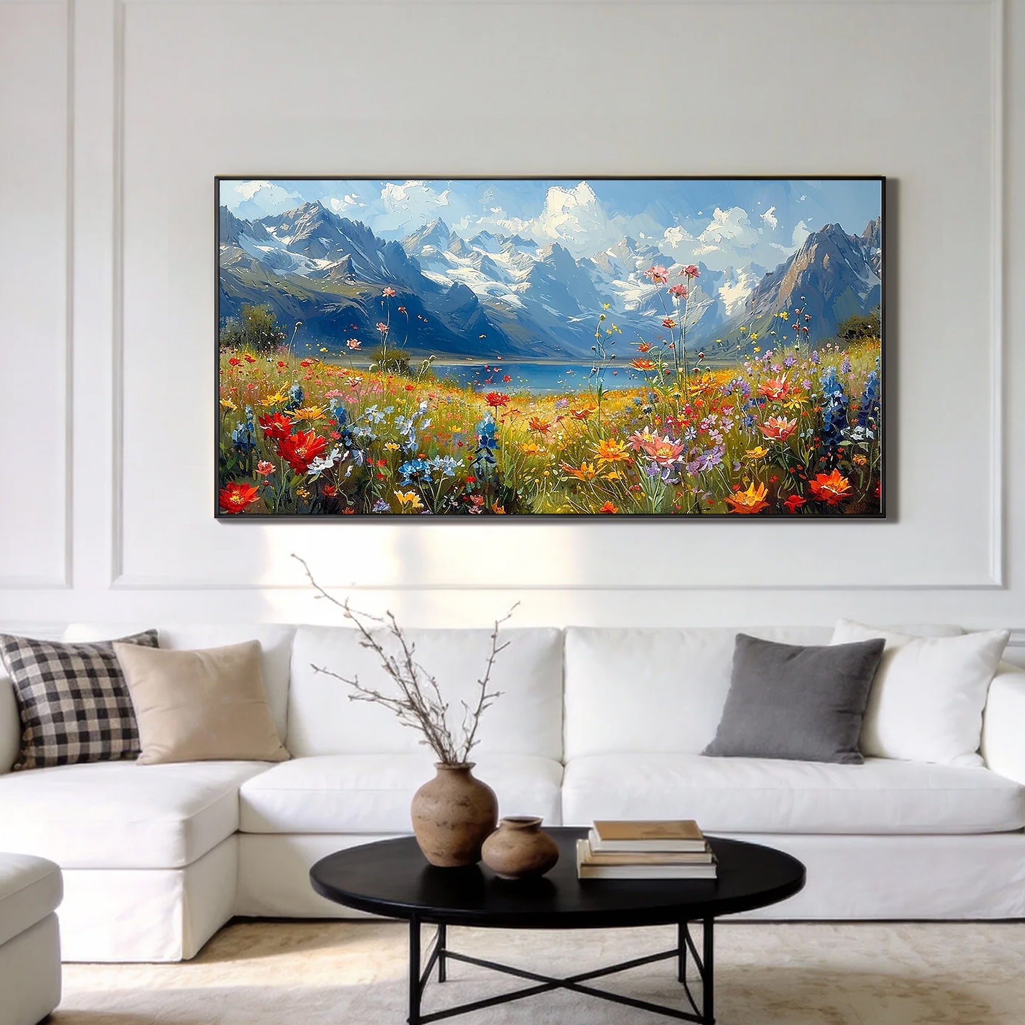 Alpine Bloom – Hand-Painted Snow Mountain and Wildflower Lake Landscape Painting | Contemporary Botanical Bedroom & Living Room Art