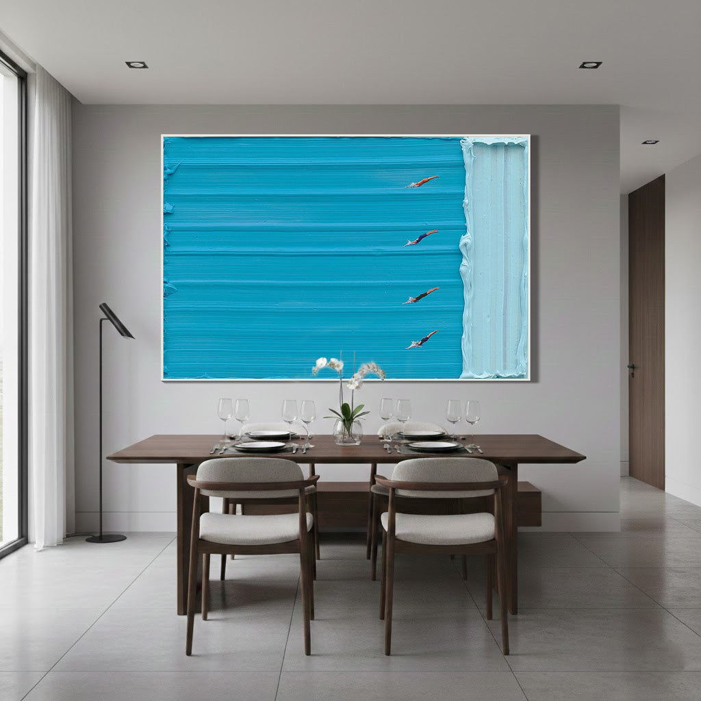 Azure Competition – Hand-Painted Minimalist Swimming Pool Azure Blue Sport Painting | Contemporary Sport Home Office & Living Room Art