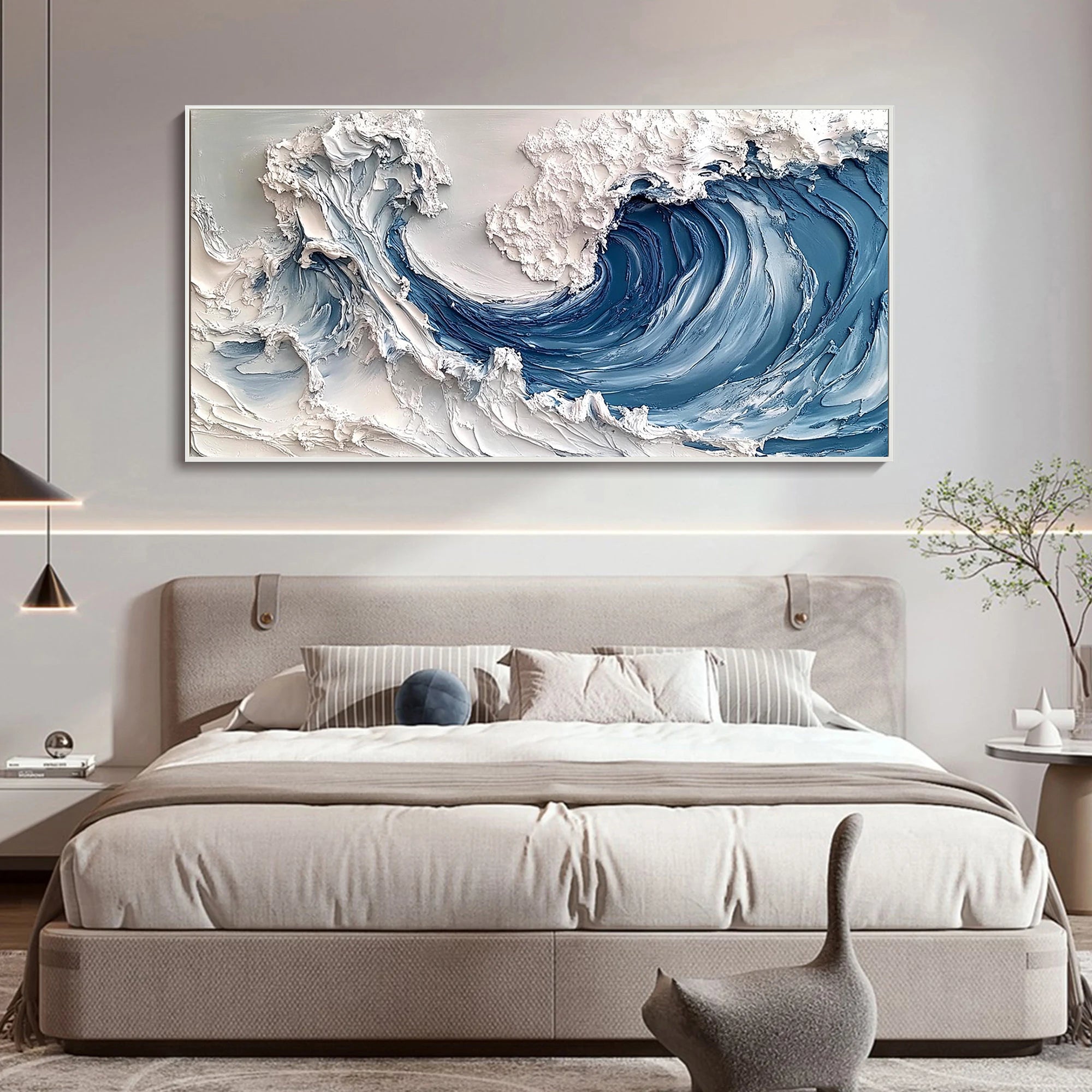 MAJESTIC CREST: Nature Wall Art, Hand-Painted Horizontal Deep Blue Ocean Wave 3D Impasto Heavy Texture Canvas Painting