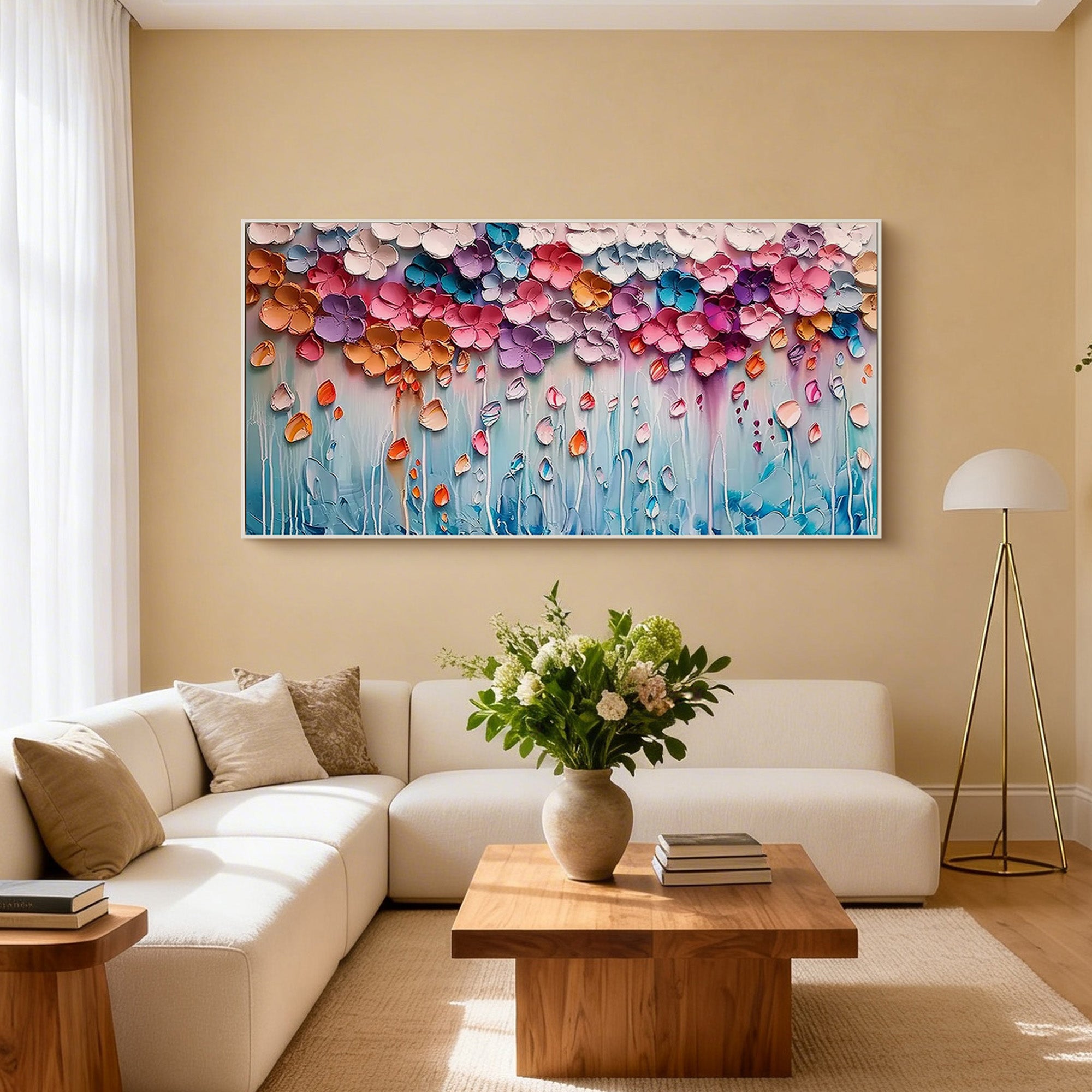 Dreamy Floral Rain – Modern Vibrant Impasto Pastel Flowers Painting | Healing Romantic Living Room Art