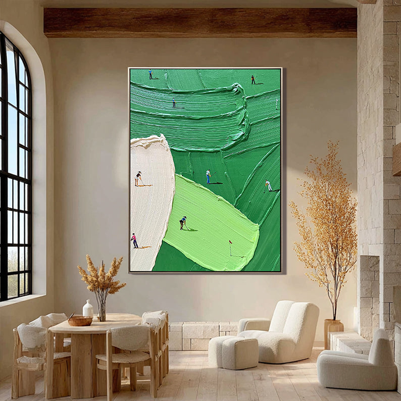 Putting Green – Hand-Painted Vibrant Green Grass Texture Golfers Sport Painting | Contemporary Sport Home Office & Living Room Art