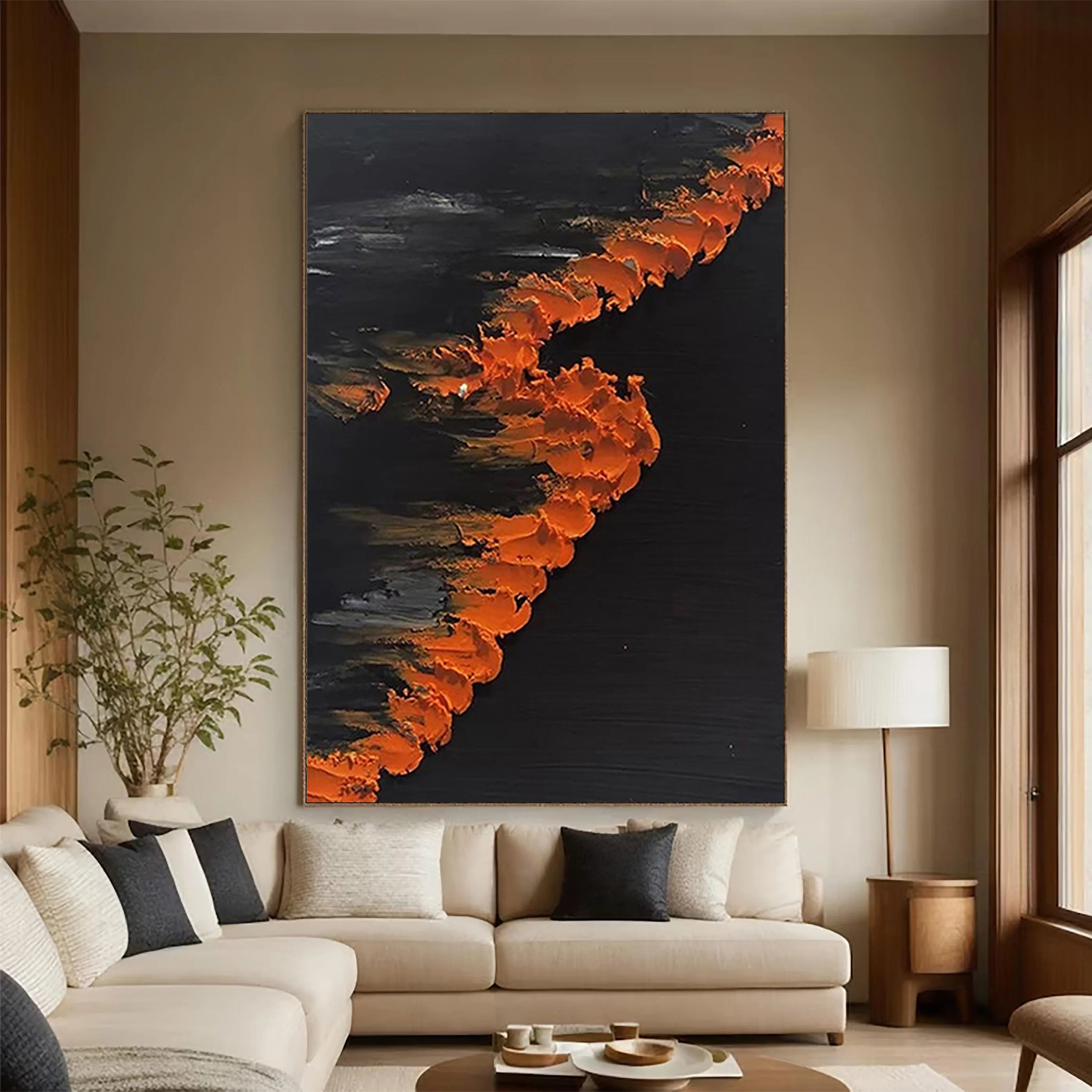Midnight Flare – Modern Minimalist Black & Orange Impasto Abstract Art | Luxury Dramatic Hallway Art