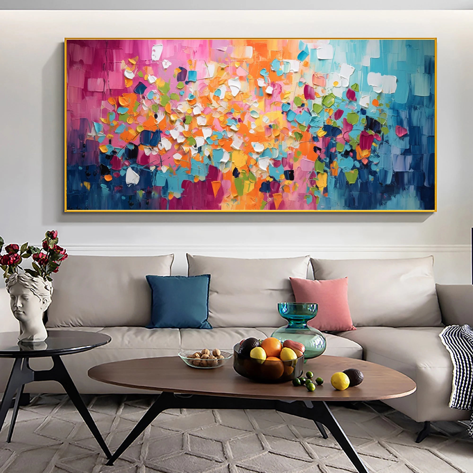 Vibrant Mosaic – Hand-Painted Multicolored Geometric Palette Knife 3D Abstract Painting | Bold Abstract Palette Knife Living Room Art