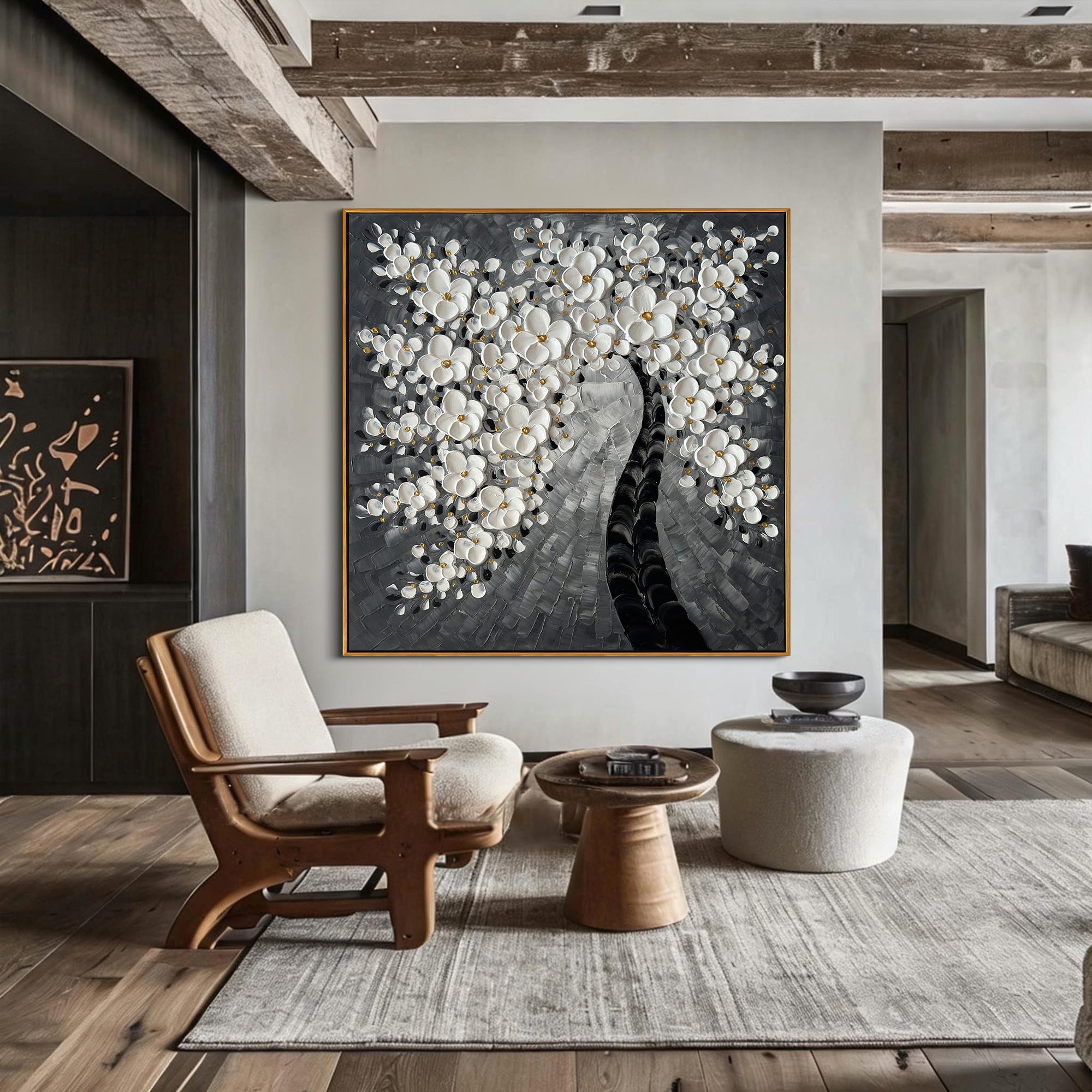 Noir Blossom – Modern Black and Grey Tree Relief Floral Painting | Minimalist Botanical Bedroom & Living Room Art
