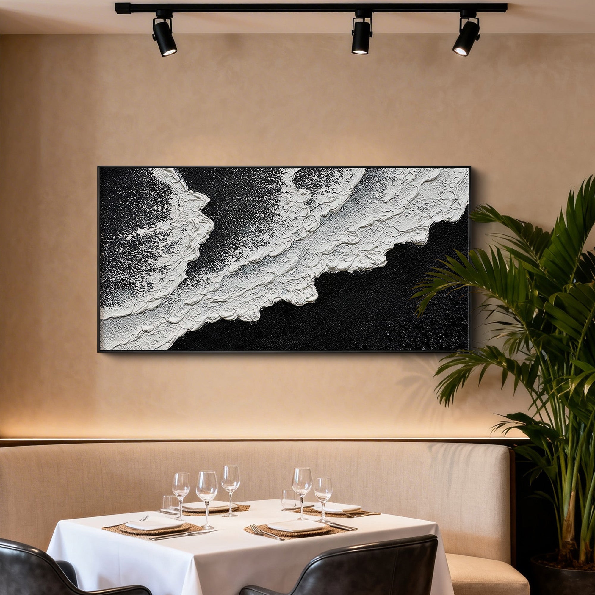 Realm of Undercurrents – Minimalist Black & White Textured Abstract Wave | Modern Luxury Living Room Art