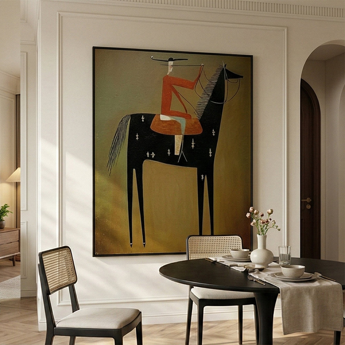Orange Saddle on Midnight – Modern Western Black Horse Rider Painting | Olive Vertical Wall Art