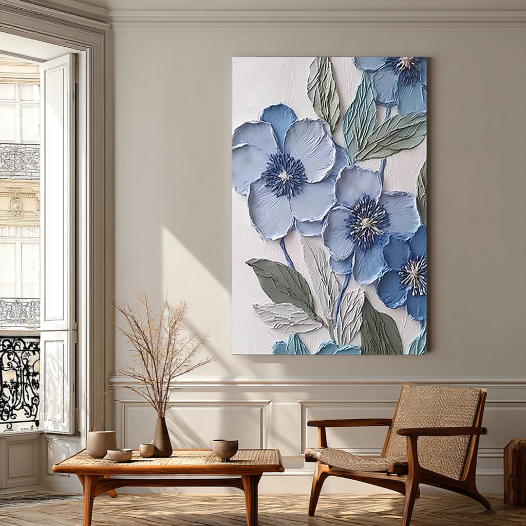Dusty Blue – Hand-Painted Grey Blue and Slate 3D Relief Plaster Effect Floral Painting | Contemporary Botanical Bedroom & Living Room Art