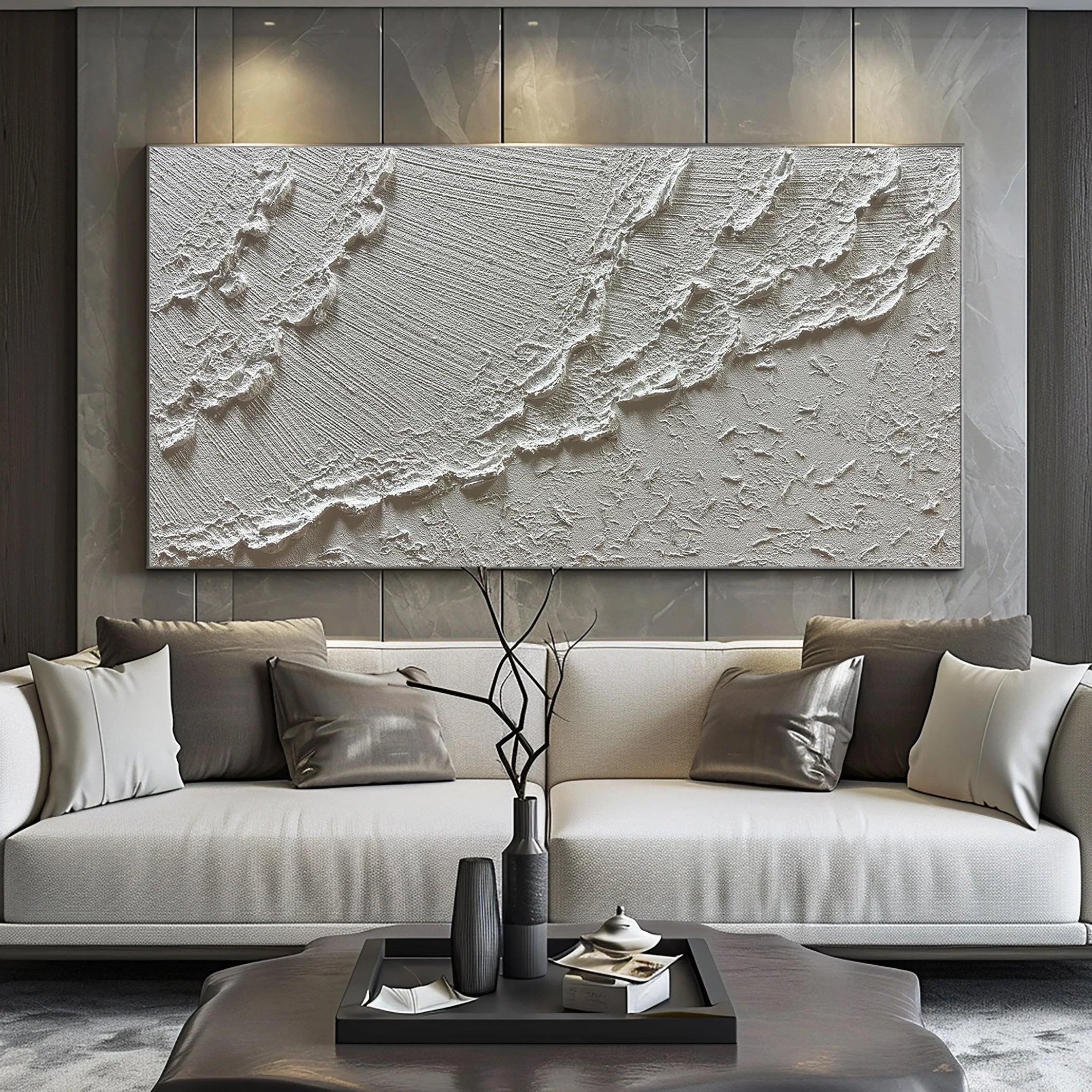 Silver Ridge – Modern White Abstract Relief Minimalist Painting | Modern Minimalist Bedroom & Home Office Art