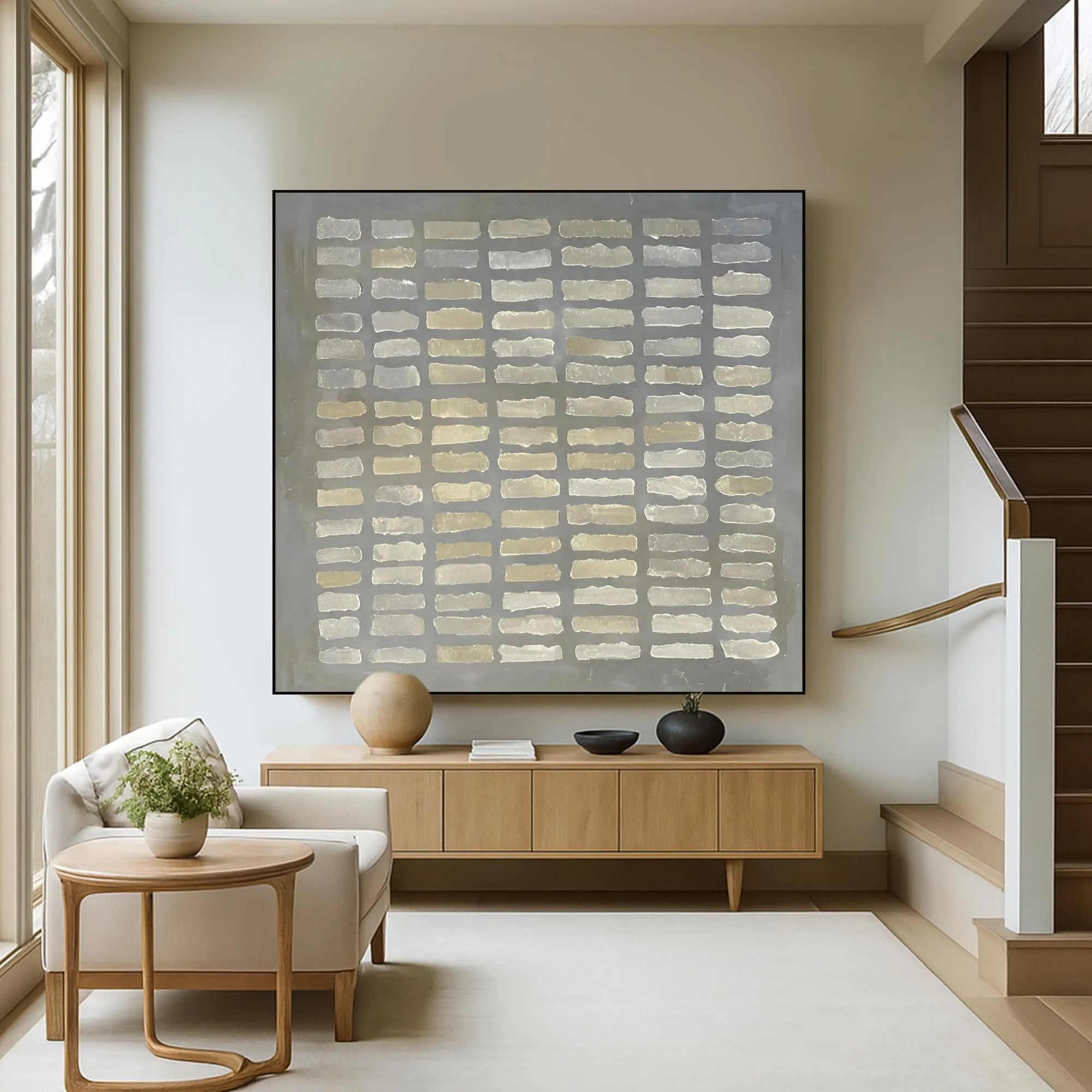 Whispered Matrix – Wabi-Sabi Slate Grey Minimalist Grid Painting | Modern Geometric Textured Hallway Art