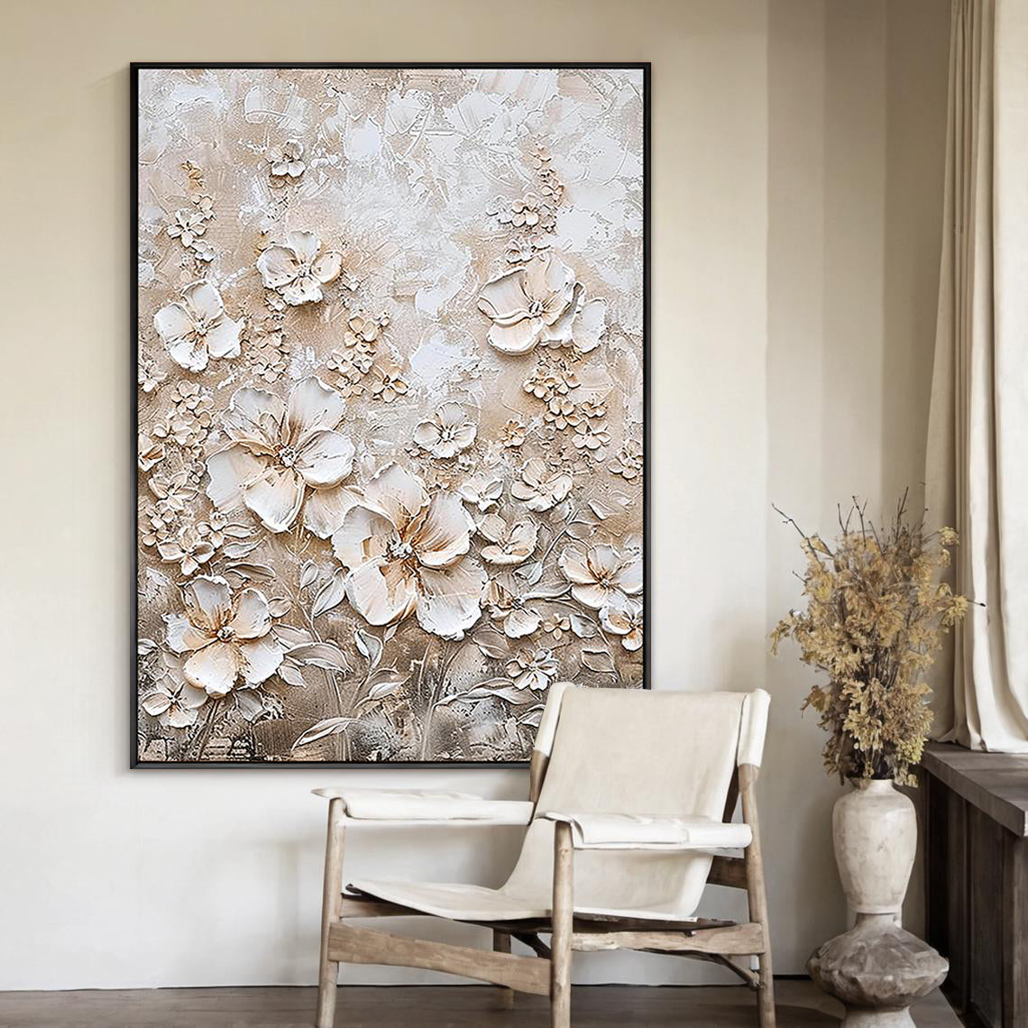 Ivory Petals – Hand-Painted Champagne White Blossom 3D Relief Floral Painting | Soft Organic Botanical Bedroom & Living Room Art