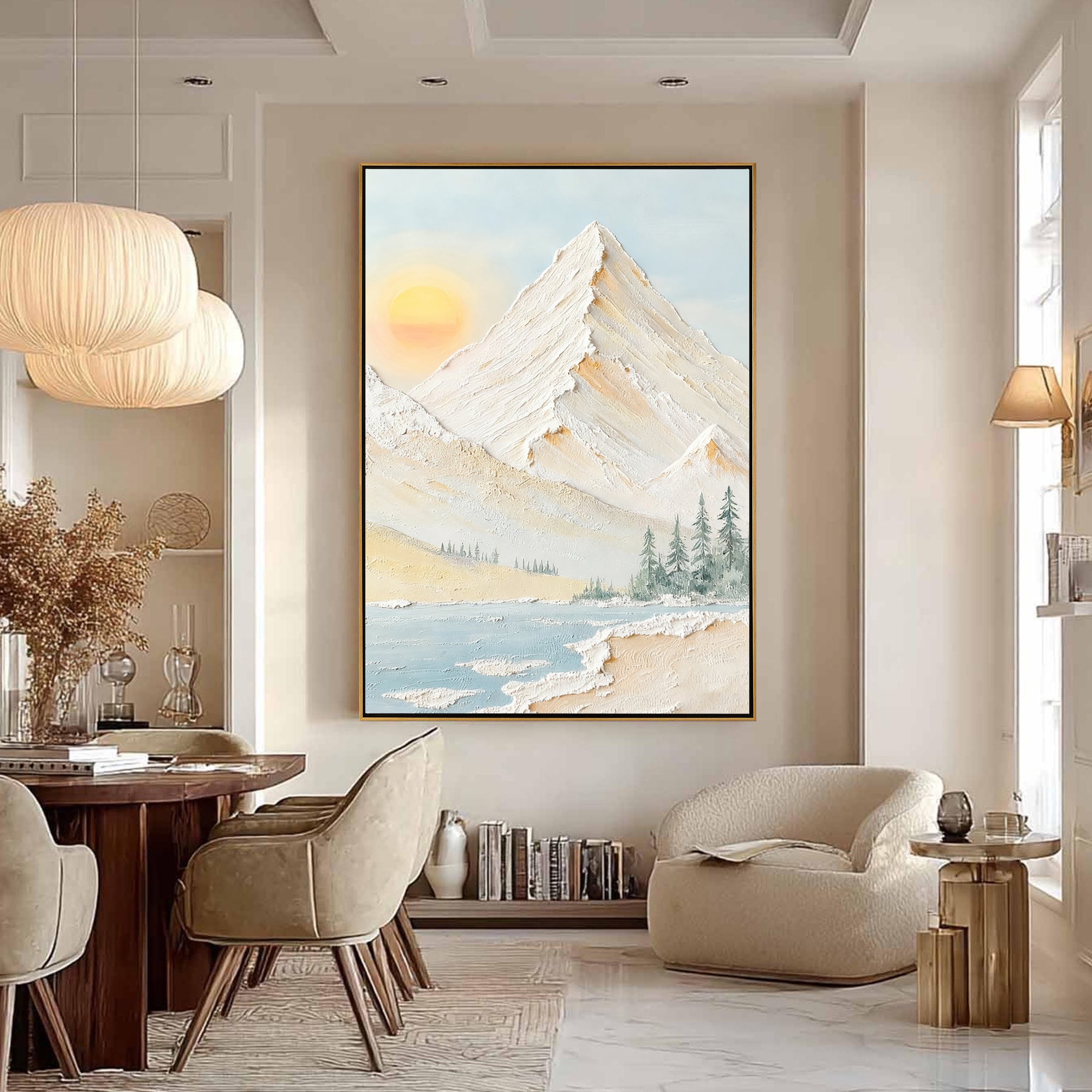 Pale Daylight – Scandinavian Minimalist Sun & Mountain Impasto Painting | Serene Textured Landscape Living Room Art
