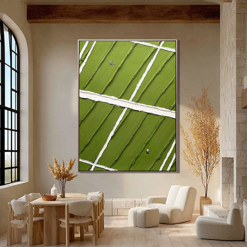 Match Point – Hand-Painted Green Tennis Court Minimalist Athletes Sport Painting | Contemporary Sport Home Office & Living Room Art