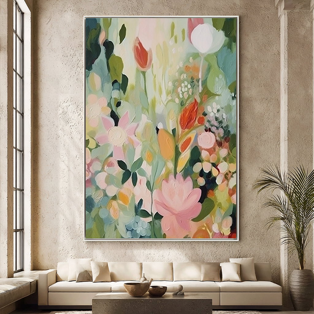 PASTEL GARDEN: Floral Wall Art, Hand-Painted Modern Abstract Wildflower Field Thick Textured Gallery Art