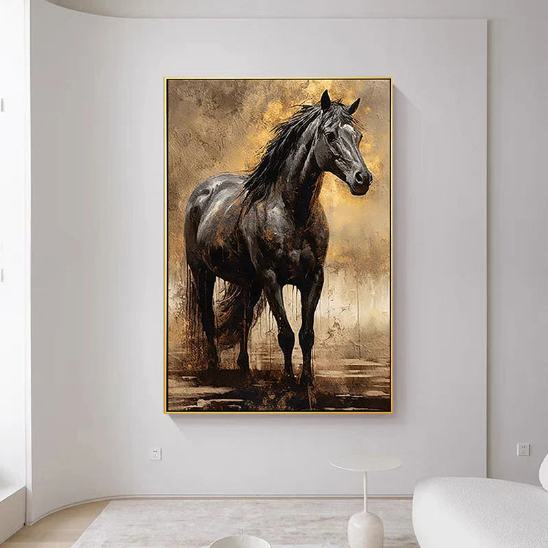 The Obsidian Knight – Realistic Black Horse Texture Painting | Gilded Earth Tone Living Room Art