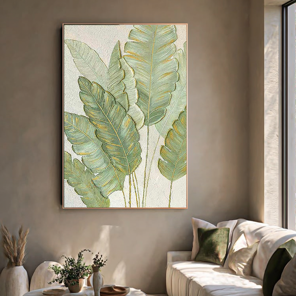 Emerald Whisper – Left-Facing Botanical Relief with Gold Edges Texture Painting | Modern Luxury Botanical Bedroom & Living Room Art