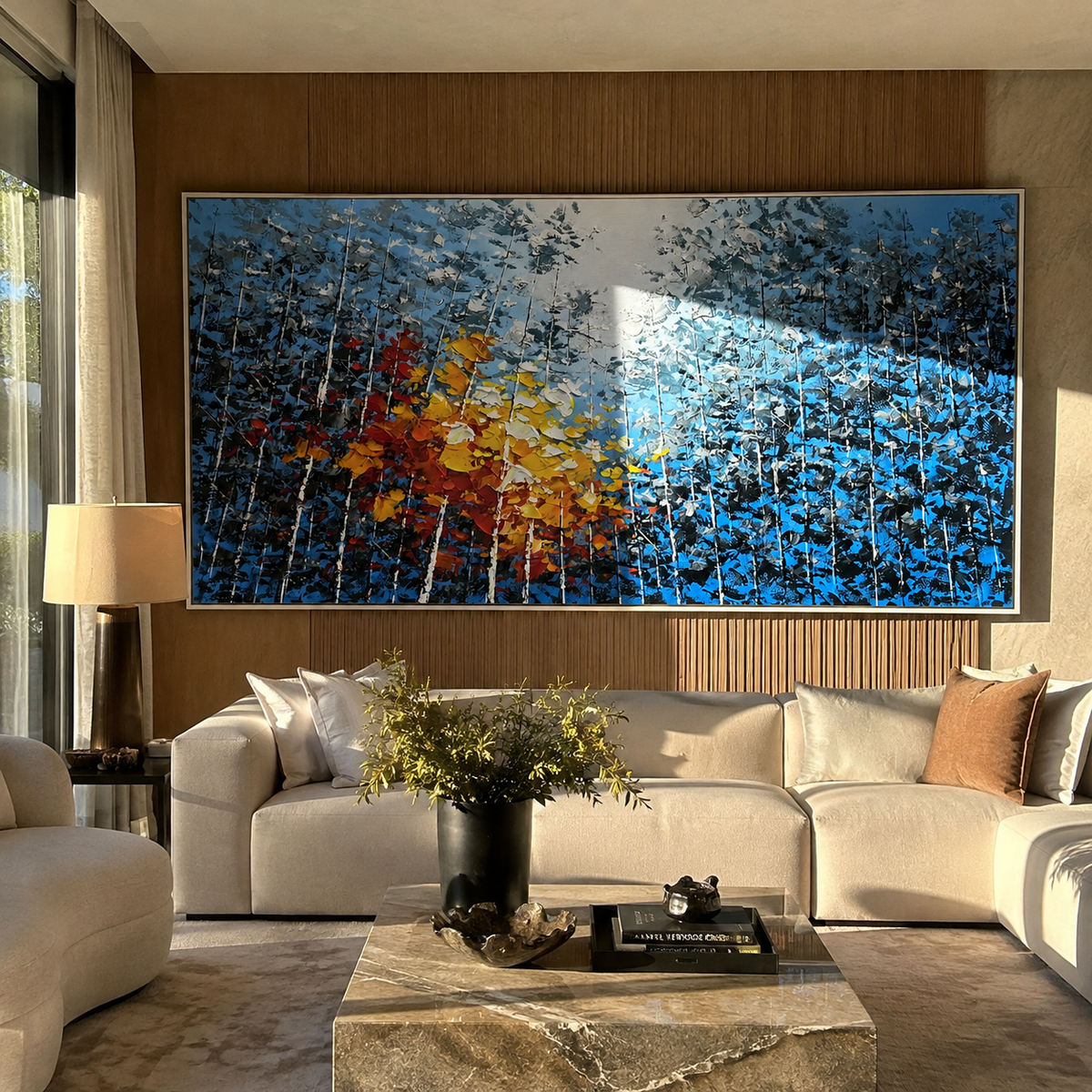 Birches Catch the Light – Blue & Gold Birch Grove Painting | Textured Panoramic Living Room Wall Art