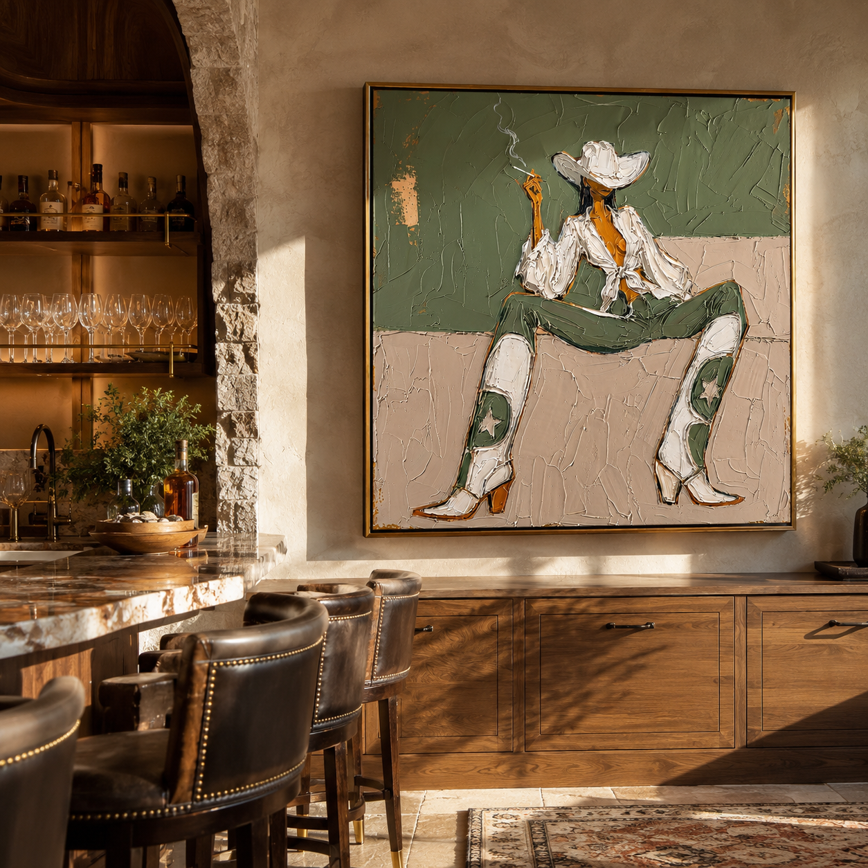White Boots Hold Ground – Green Cowgirl Painting | Retro Modern Square Wall Art