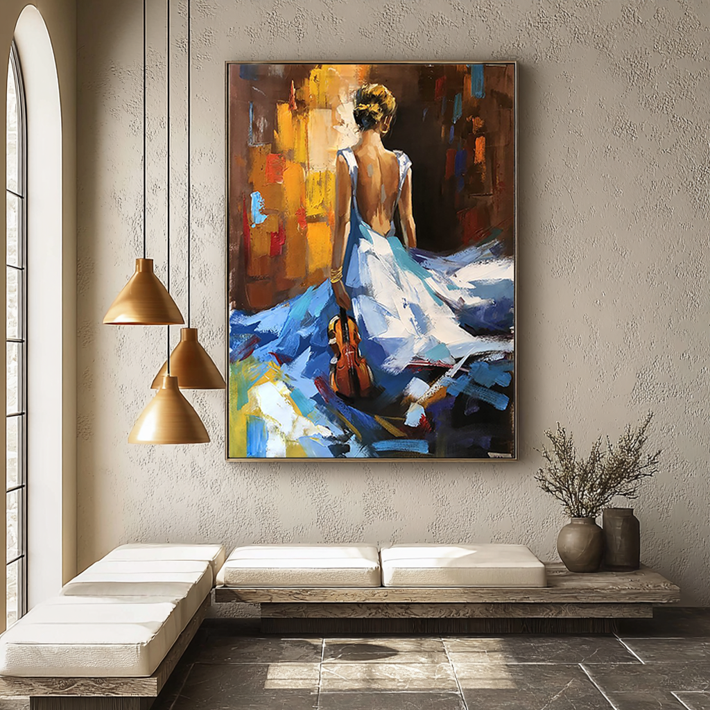 Azure Sonata – Elegant Lady in Blue Gown Impasto Painting | Contemporary Expressionist Living Room & Office Art