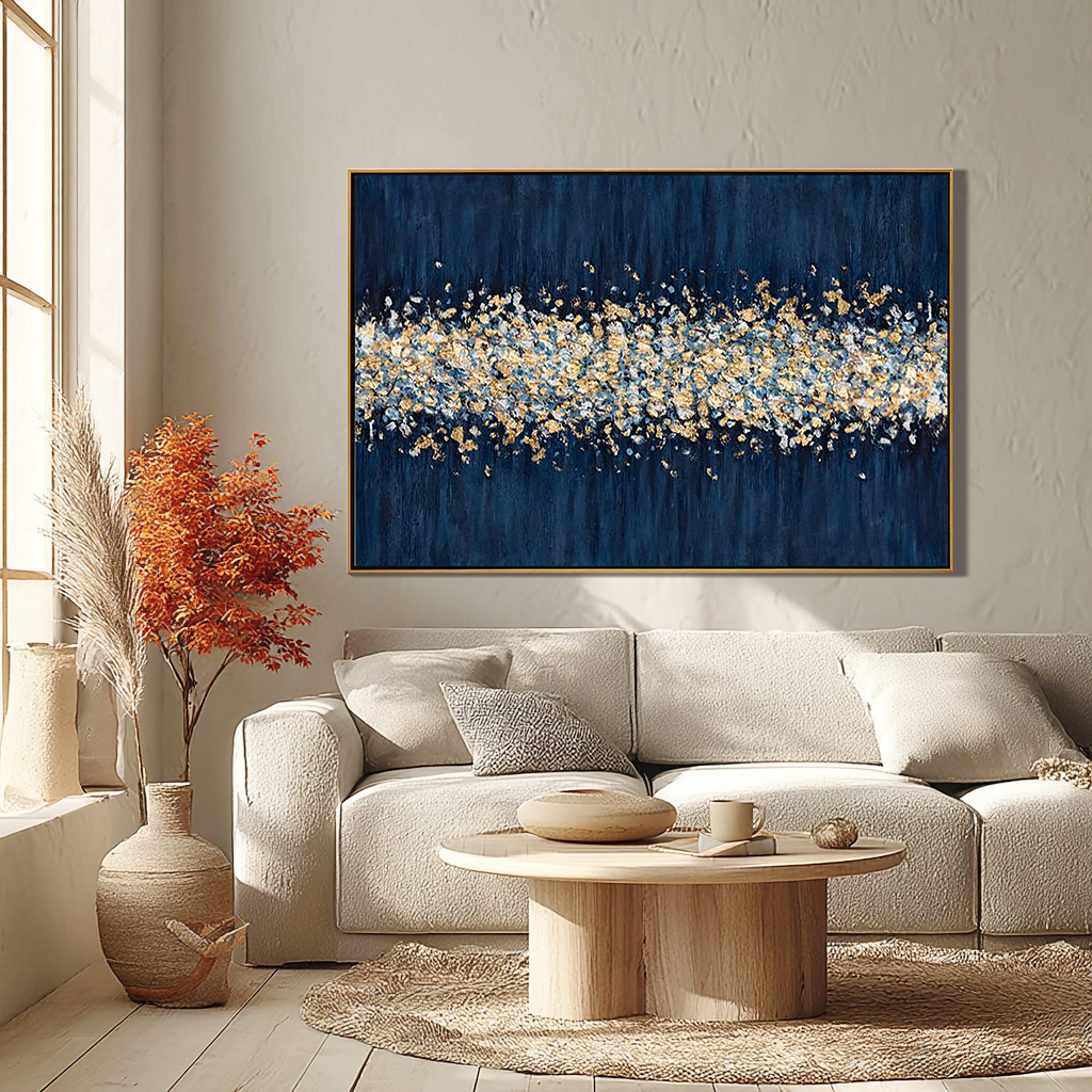 Celestial Tide – Hand-Painted Navy Blue and Gold Foil Abstract Texture Painting | Modern Abstract Living Room & Office Art