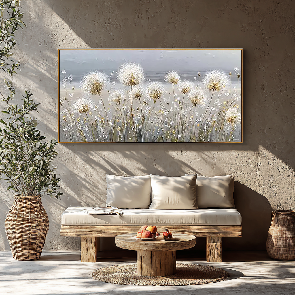 Wishful Fields – Hand-Painted White Dandelion Impressionist Floral Painting | Contemporary Botanical Bedroom & Living Room Art