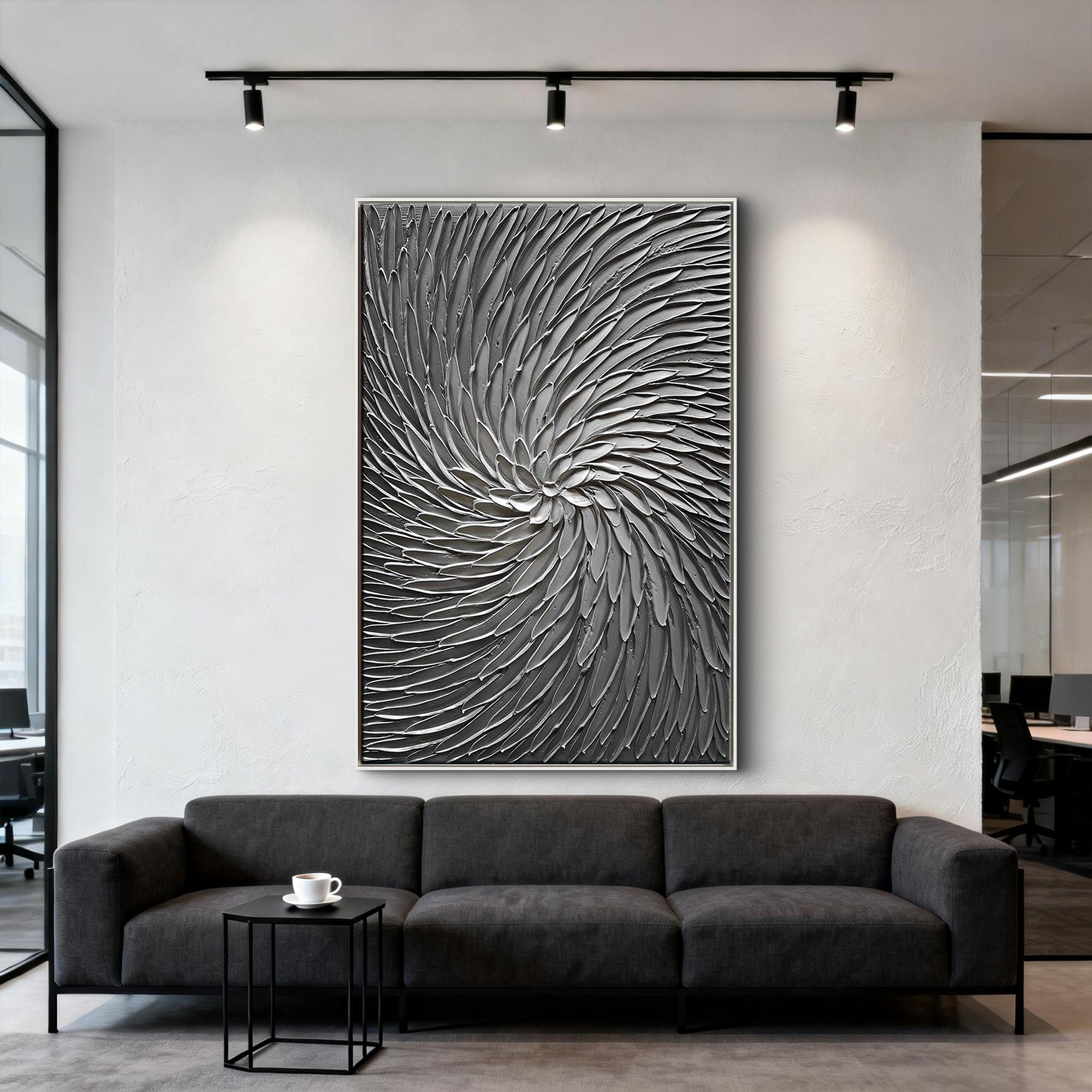 Silver Cyclone – Modern Architectural Gray Heavy Impasto Painting | Luxury Minimalist HallwayArt