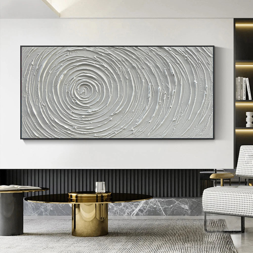 LUNAR RIPPLES: Panoramic 3D Plaster Texture Wall Art, Minimalist White Spiral Relief