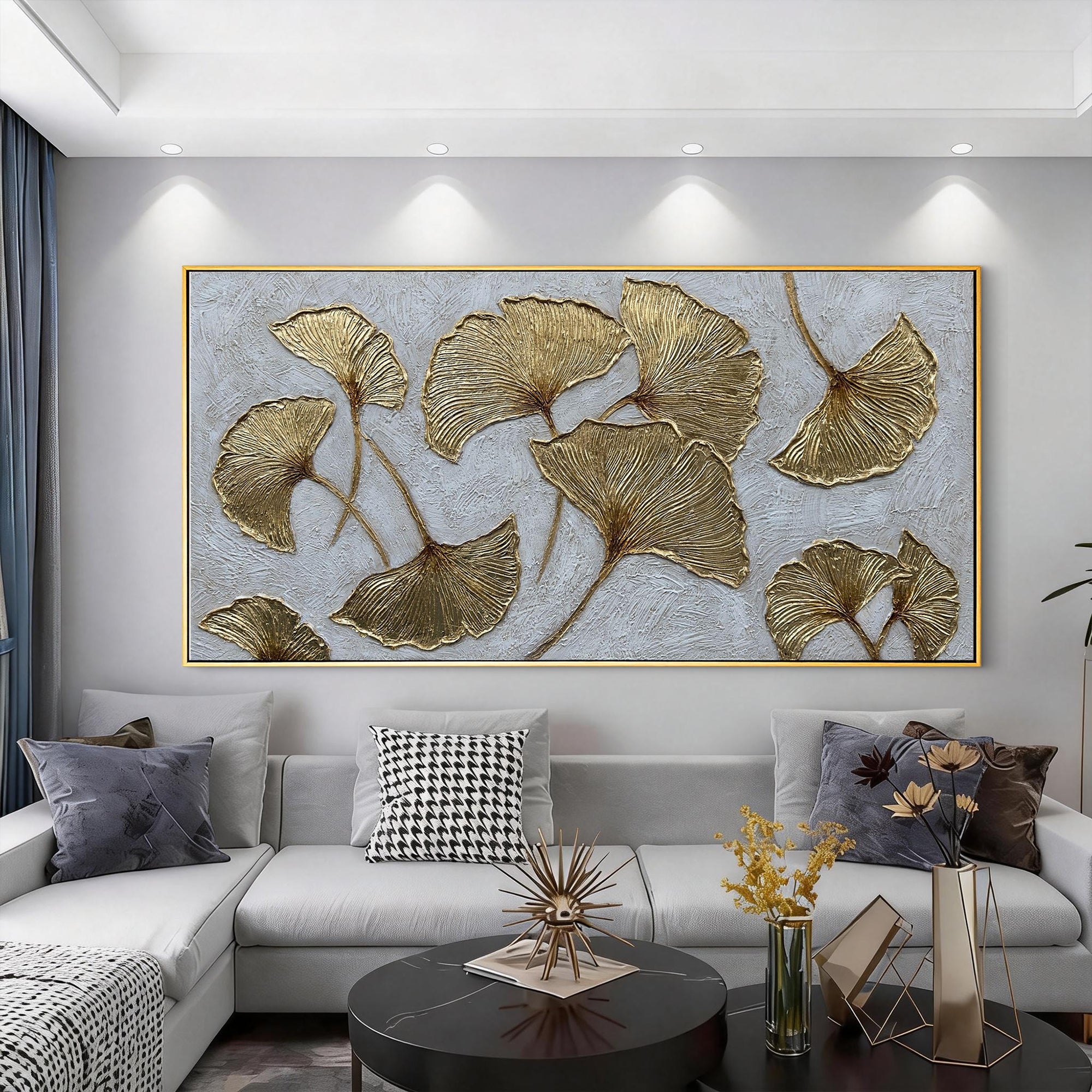 Gilded Leaves – Modern Gold Leaf Relief Texture Painting | Modern Luxury Metallic Living Room & Hotel Art