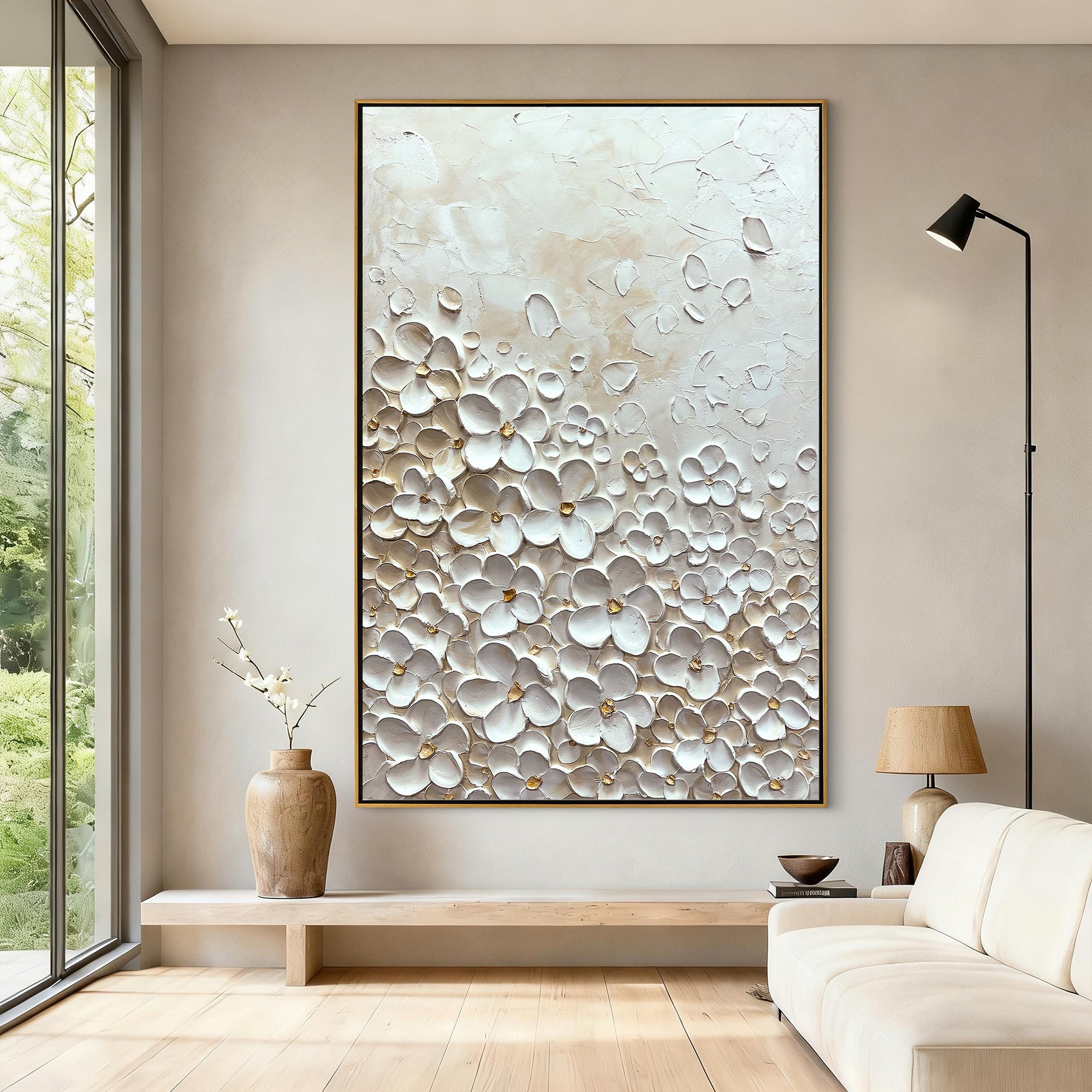 VANILLA BLOOM: 3D Heavy Texture White Flower Wall Art, Cream & Gold Relief Petal Painting