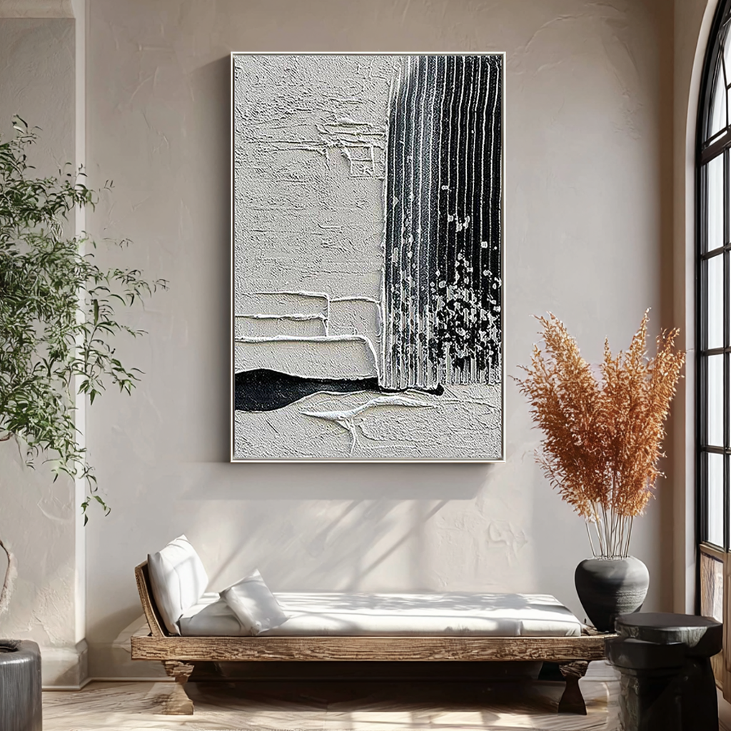 INDUSTRIAL RIDGE: Modern Abstract Minimalist Wall Art, Black & White Vertical Plaster Relief
