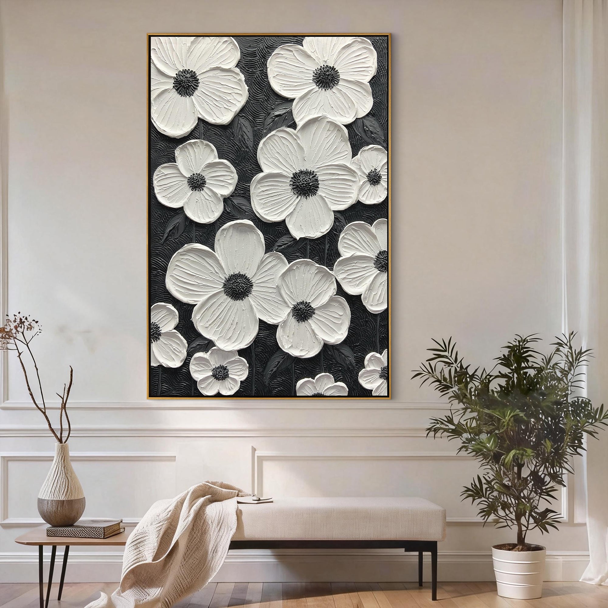 Stark Petals – Sculptural Monochrome Canvas | Ultra-Modern High-Contrast Statement Living Room Art