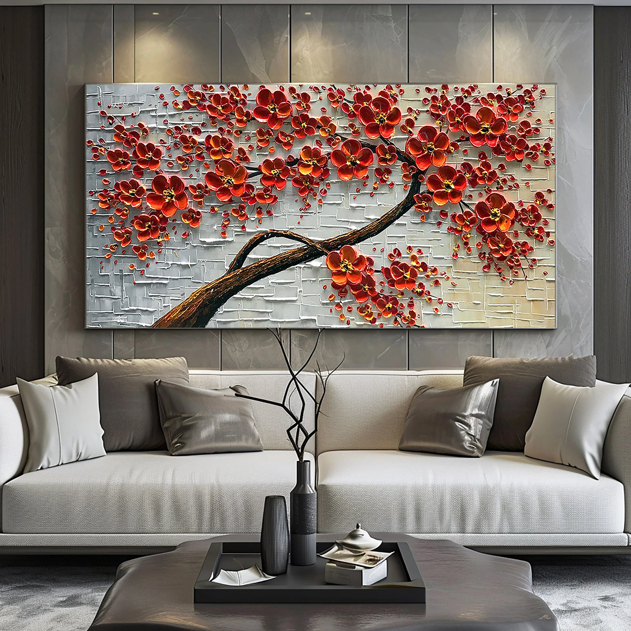 Crimson Blossom – Red Flower Tree Relief Floral Painting | Contemporary Botanical Bedroom & Living Room Art