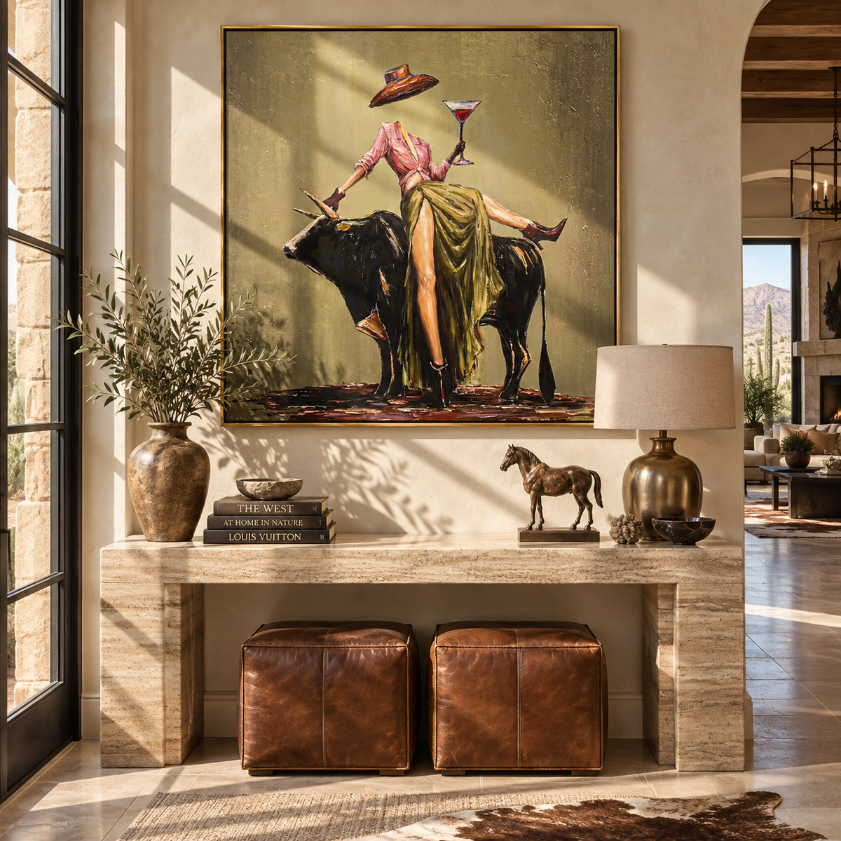 Brim Above the Bull – Olive Western Woman and Black Bull Painting | Vintage Americana Square Wall Art