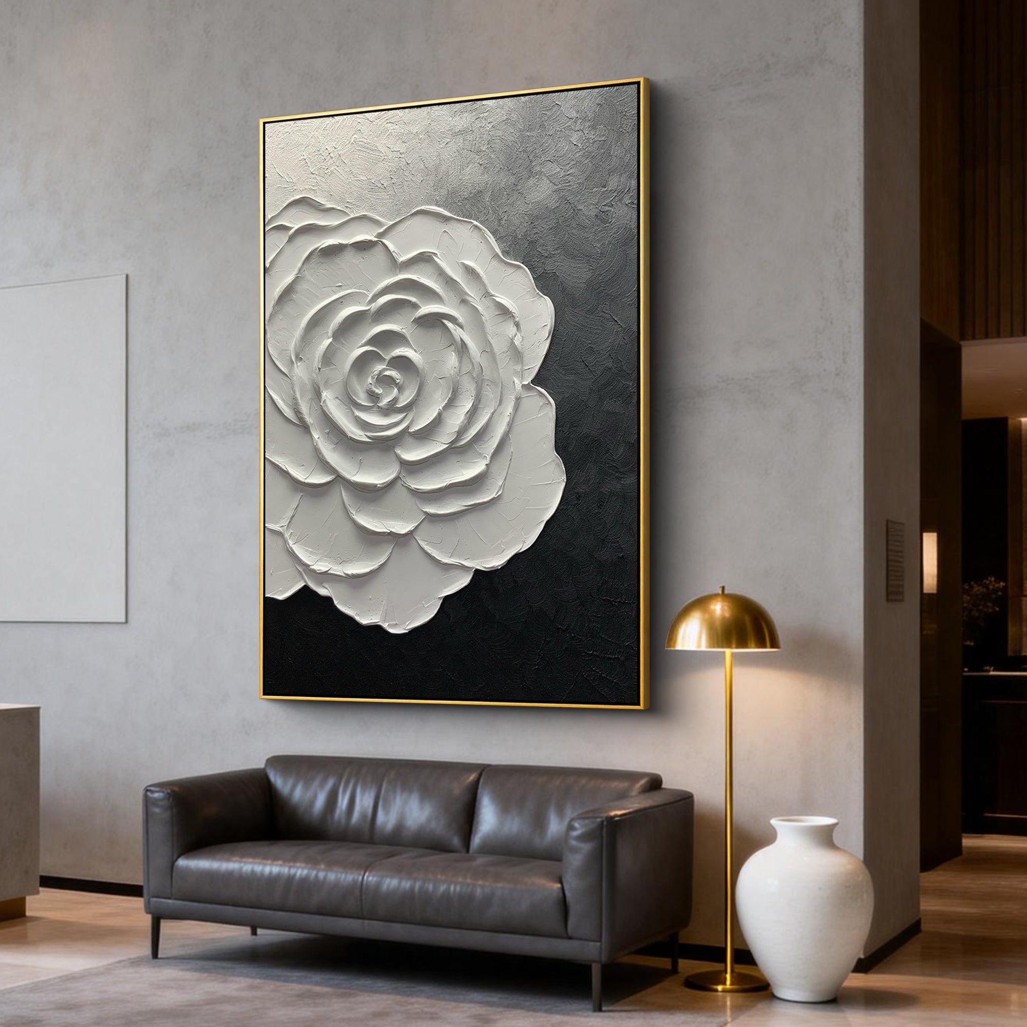 Dawn Blossom – Modern Minimalist Black-and-White Textured Painting |  White Rose Living Room Art
