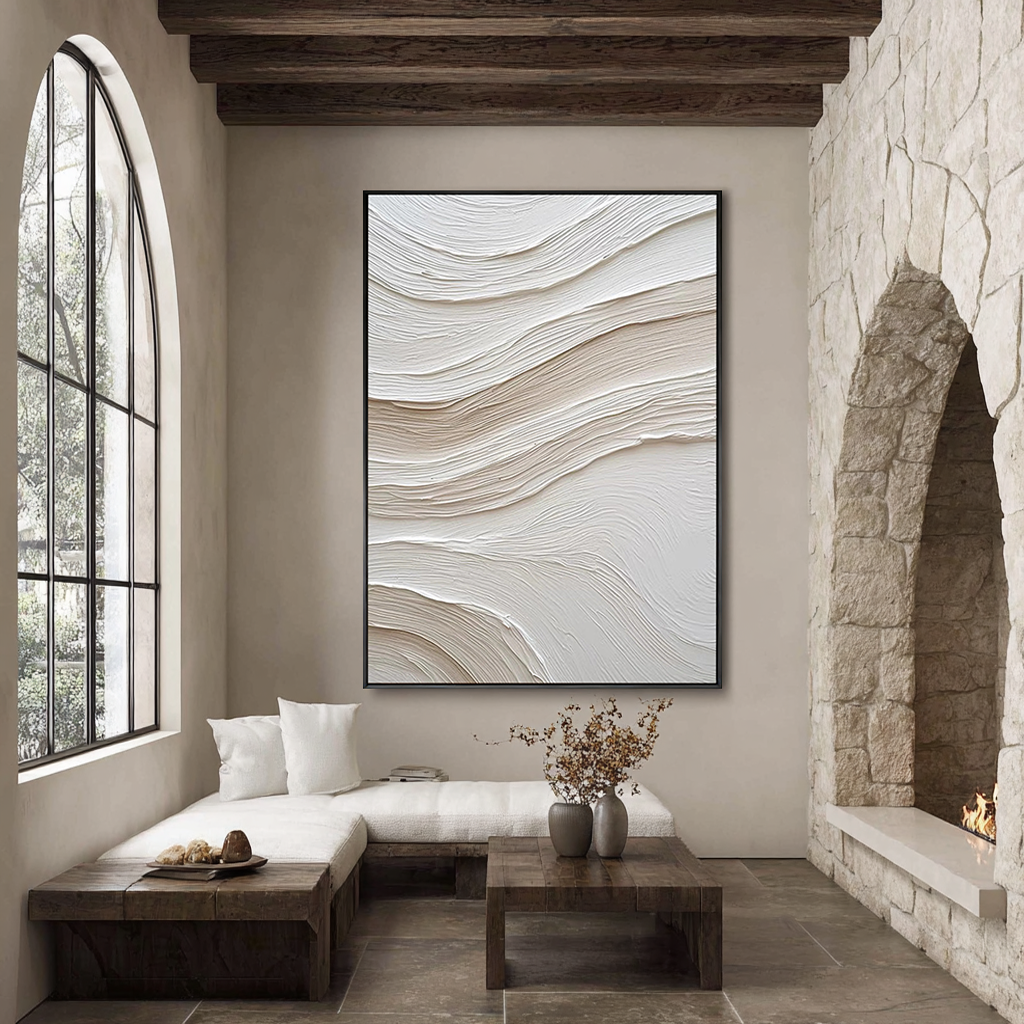 Sandstone Ripple – Hand-Painted Plaster Effect White Wave Relief Minimalist Painting | Japandi Organic Wabi-Sabi Living Room & Hallway Art