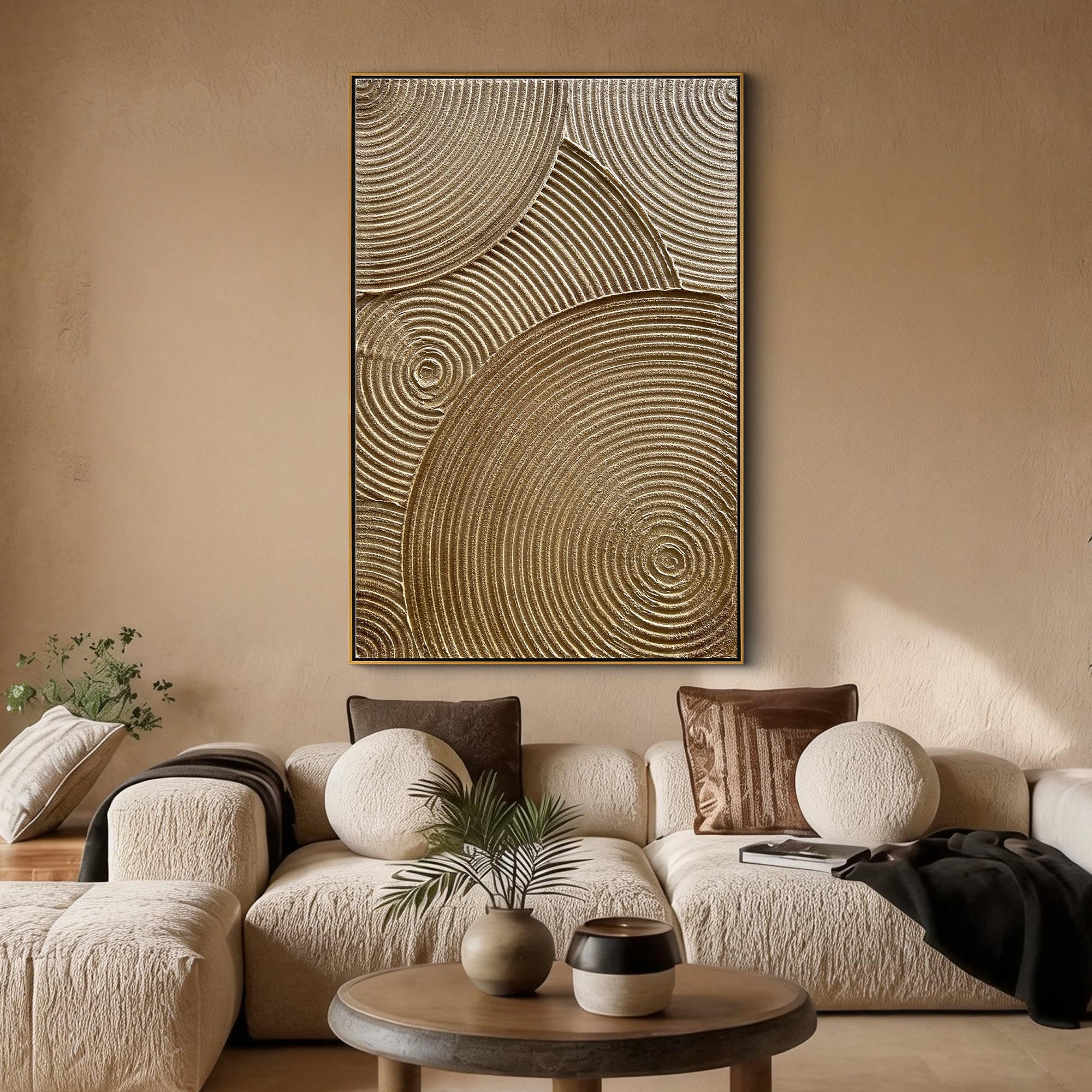 Ripples of Time – Wabi-Sabi Warm Gold Concentric Line Art | Modern Textured Living Room Art